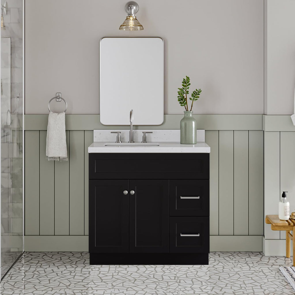 ARIEL Hamlet 36-inch Bathroom Vanity with Sink,Solid Wood, 1.5-inch Carrara White Quartz Countertop & Backsplash, Single Rectangular Porcelain Sink, 2 Soft Closing Doors, 2 Dovetail Drawers, Black