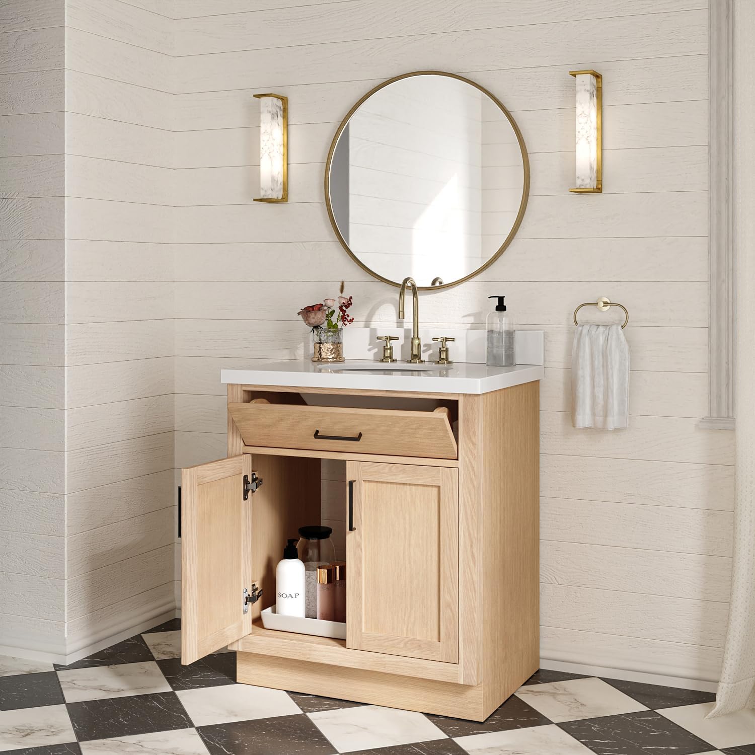 ARIEL Hepburn 30-inch Bathroom Vanity with Sink,Solid Wood, 1.5-inch Pure White Quartz Countertop & Backsplash, Single Oval Porcelain Sink, 2 Soft Closing Doors, 1 Dovetail Drawers, White Oak