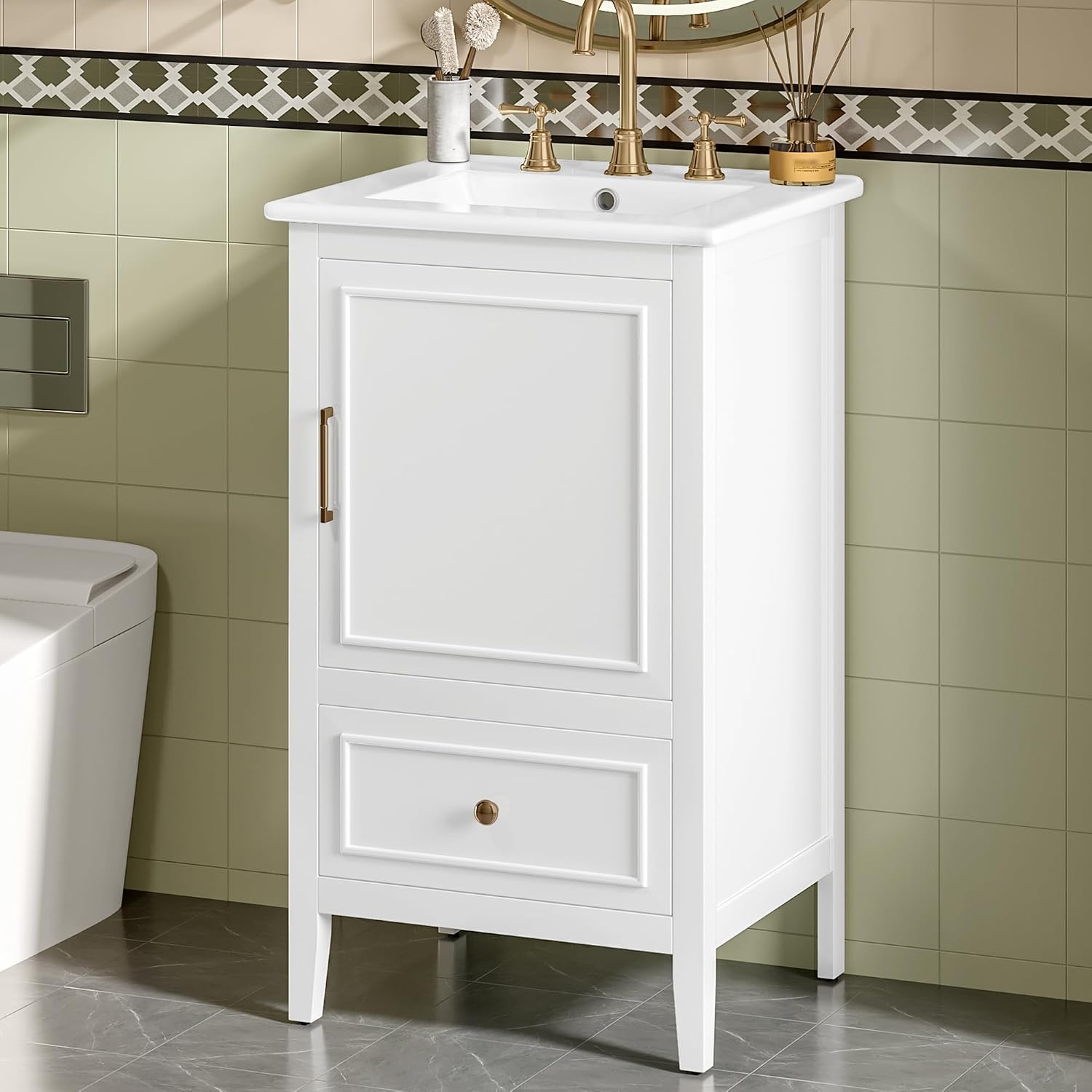 20-inch Bathroom Vanity with Sink Combo, Free-Standing Single Bathroom Storage Cabinet with Soft Closing Door, Storage Rack, and Drawer, Vanity with Ceramic Basin for Bathroom (White)