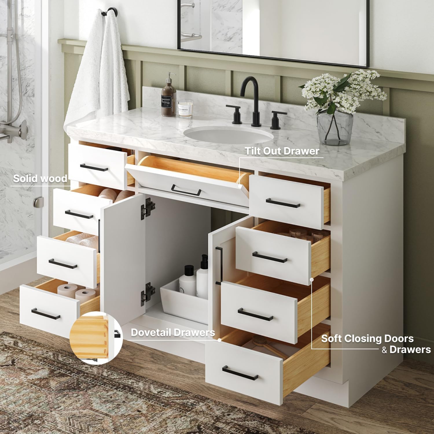 ARIEL Hepburn 54-inch Bathroom Vanity with Sink,Solid Wood, 1.5-inch Italian Carrara Marble Countertop & Backsplash, Single Oval Porcelain Sink, 2 Soft Closing Doors, 9 Dovetail Drawers, White
