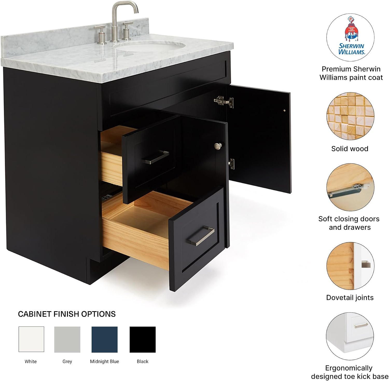 DKB Bradford 42' Black Bathroom Vanity with Sink, 1.5' Italian Carrara Marble Countertop, Solid Wood Frame, Oval Undermount Sink, Soft Closing Doors & Drawers