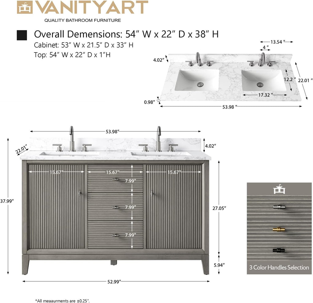 Vanity Art 54' Bathroom Vanity with Double Sink & Arabescato White Engineered Stone Top, Vanity Cabinet with Soft Closing Door, Solid Wood Frame, Brushed Nickel Handles, Driftwood Gray VA8154D-DG-BN