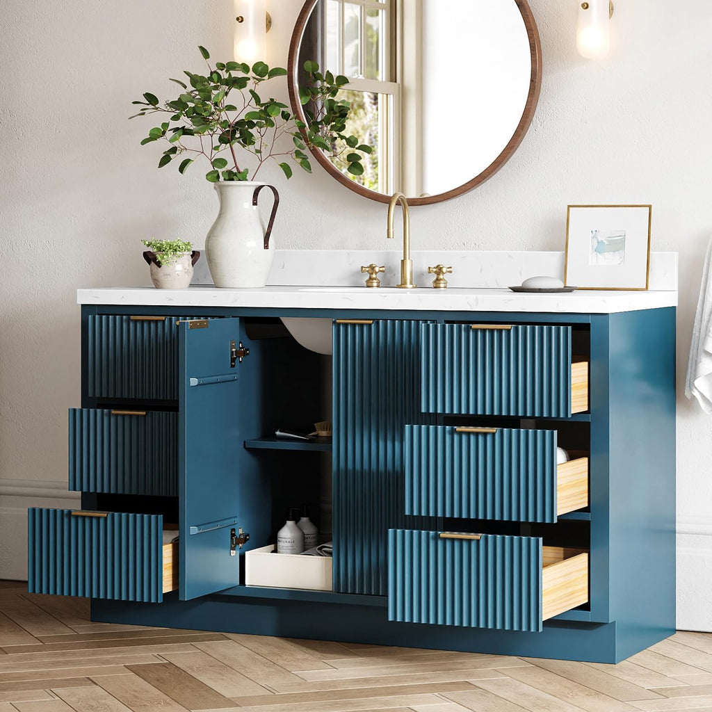 ARIEL Milan 60-inch Bathroom Vanity with Sink,Solid Wood, 1.5-inch Carrara White Quartz Countertop, Single Oval Porcelain Sink, Soft Closing Doors, Dovetail Drawers, Vintage Blue