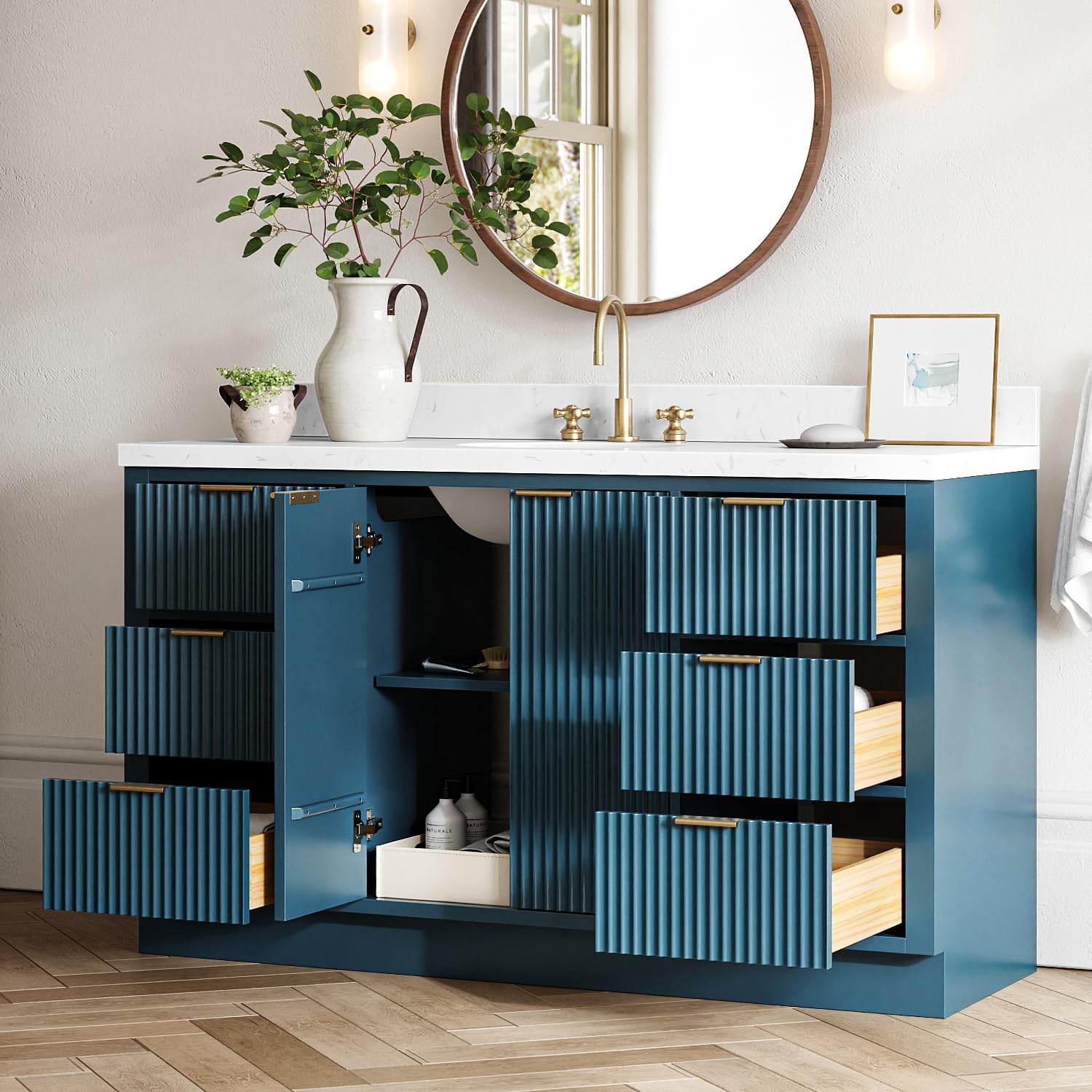 ARIEL Milan 60-inch Bathroom Vanity with Sink,Solid Wood, 1.5-inch Carrara White Quartz Countertop, Single Oval Porcelain Sink, Soft Closing Doors, Dovetail Drawers, Vintage Blue