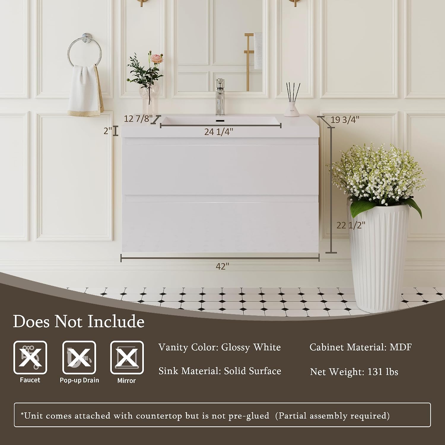 42' Floating Bathroom Vanity with Sink, Wall Mounted Bathroom Cabinet with Solid Surface Top and Soft Close Drawers, Glossy White (No Assembly Required)