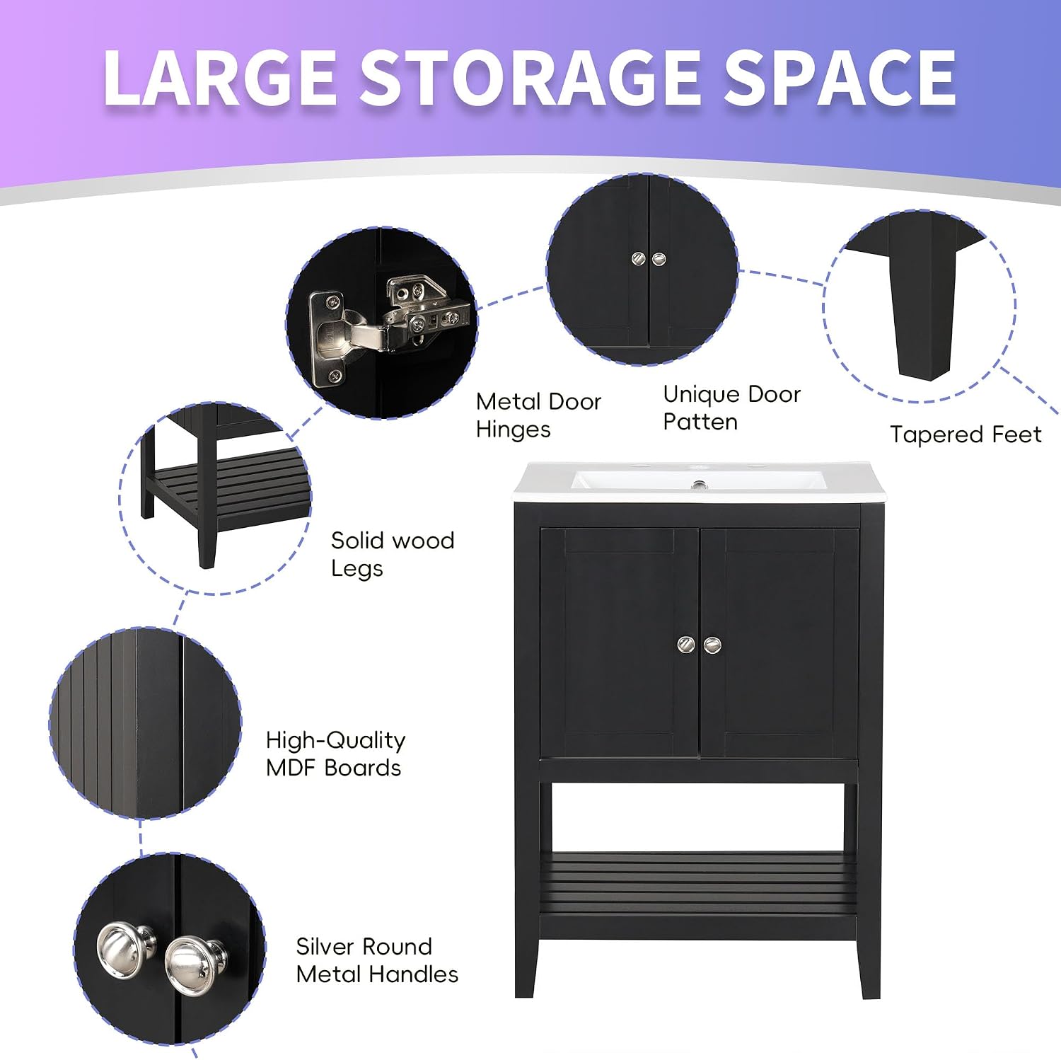 Merax 24' Bathroom Vanity with Sink,Small Bathroom Sink Cabinet with Ceramic Basin,Single Bathroom Vanities Cabinet with 2 Doors and 1 Open Shelf,Solid Wood Frame,Black