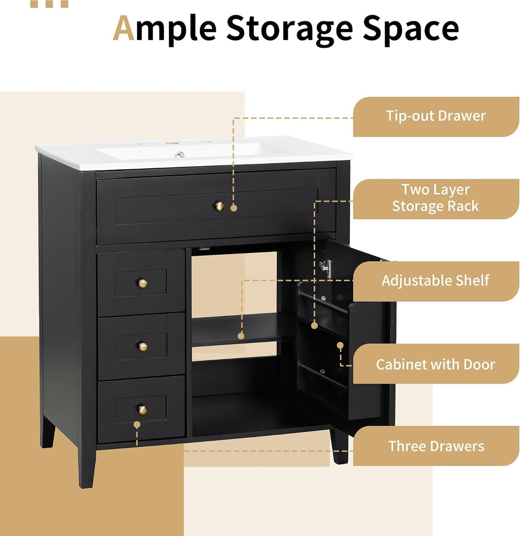 30-inch Bathroom Vanity with Sink Combo, Free-Standing Single Storage Cabinet with Tilt-Out Drawer, 3 Drawers, Adjustable Shelf & Storage Rack, Vanity with Ceramic Basin for Bathroom (Black)
