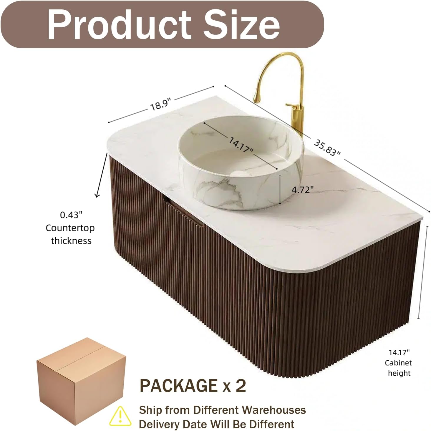 Eleshine 36 Inch Wall Mounted Floating Bathroom Vanity, Dark Walnut Cabinet with Carrara White Top & Stone Pattern Round Ceramic Sink, Soft Close Drawers, Pre-Assembled