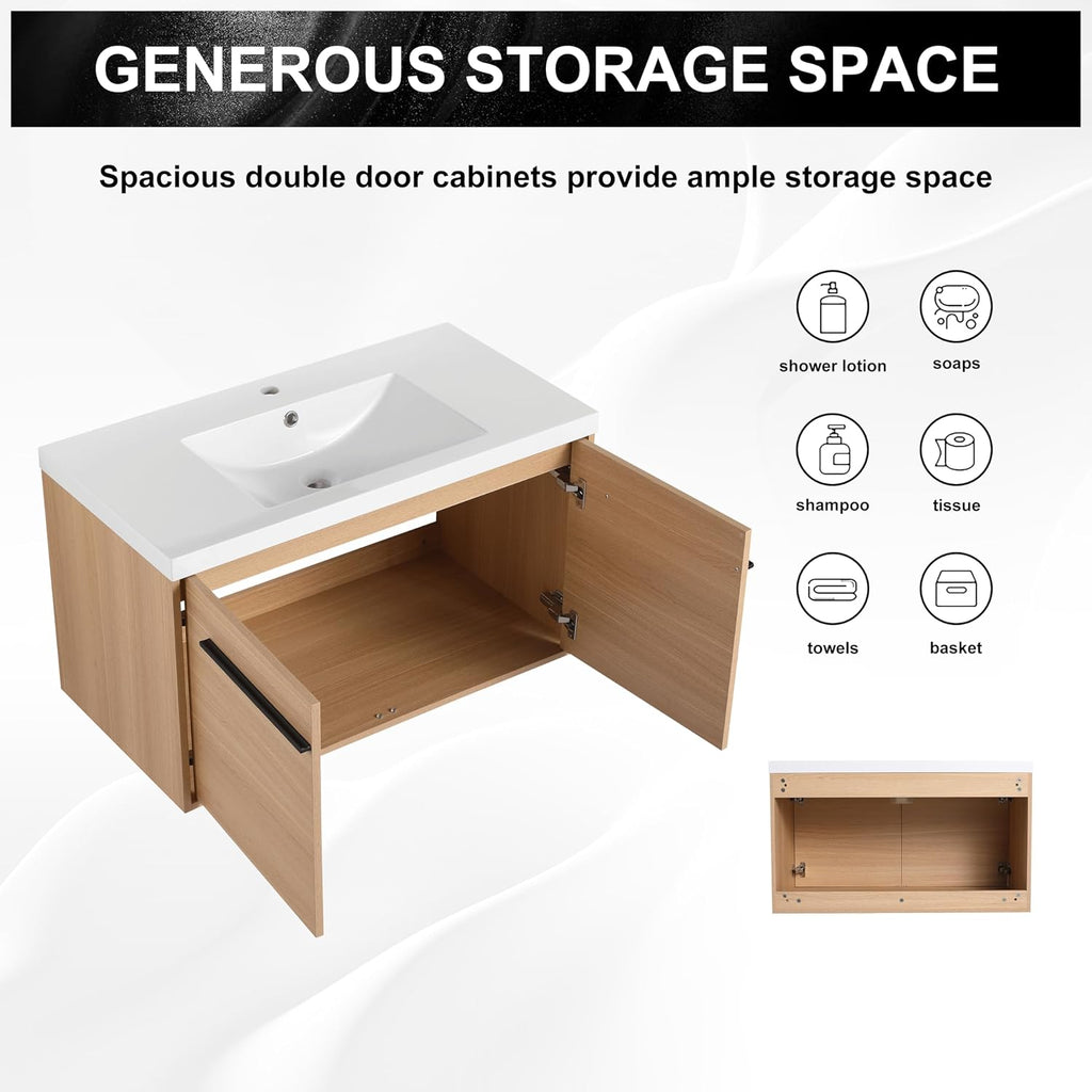 36 Inch Floating Bathroom Vanity with Sink, 36'' Wall Mount Vanity with Resin Countertop, Soft Close Doors, Double Door Storage Cabinet for Small Bathroom, Apartment, Powder Room