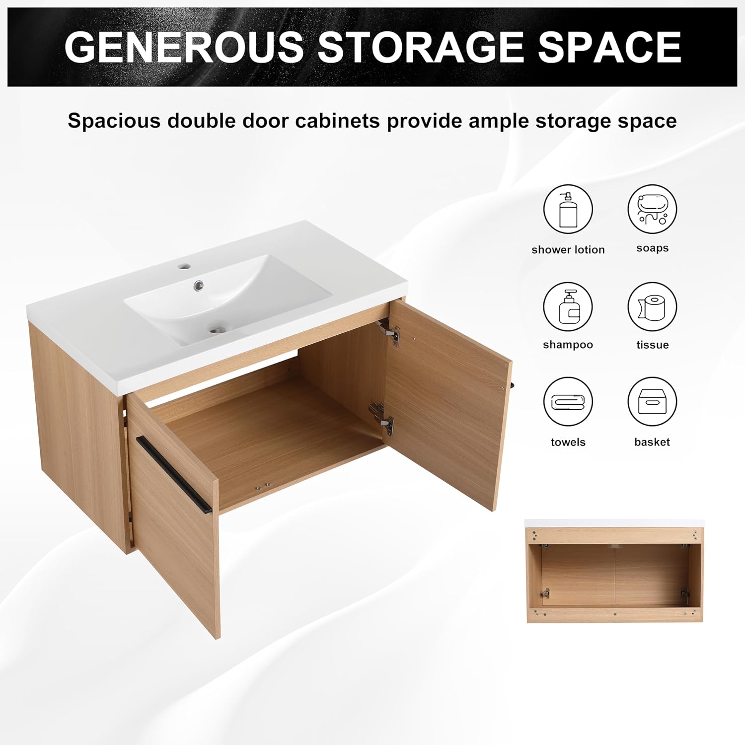 36 Inch Floating Bathroom Vanity with Sink, 36'' Wall Mount Vanity with Resin Countertop, Soft Close Doors, Double Door Storage Cabinet for Small Bathroom, Apartment, Powder Room