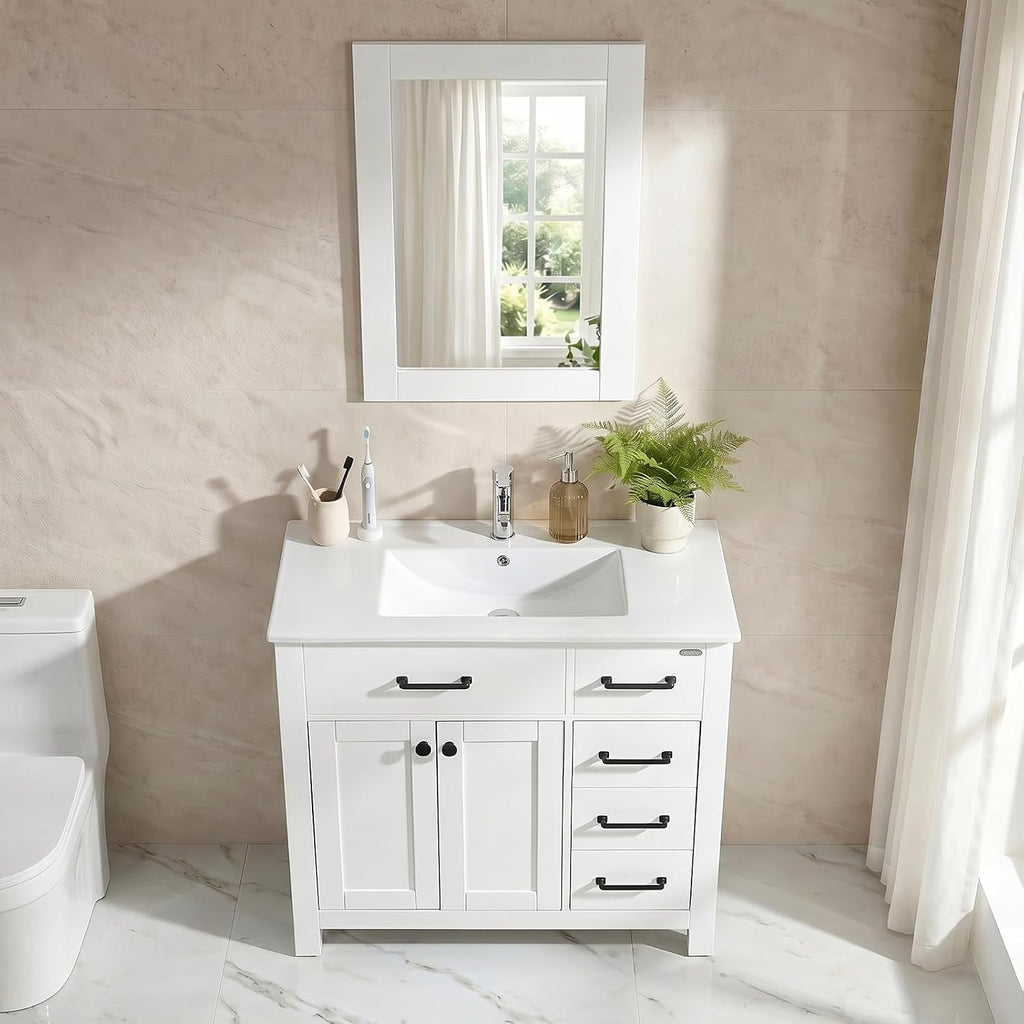 36 inch Bathroom Vanity with Sink and Countertop Faucet Modern White | Freestanding bathroom vanity cabinet, ceramic single sink combo