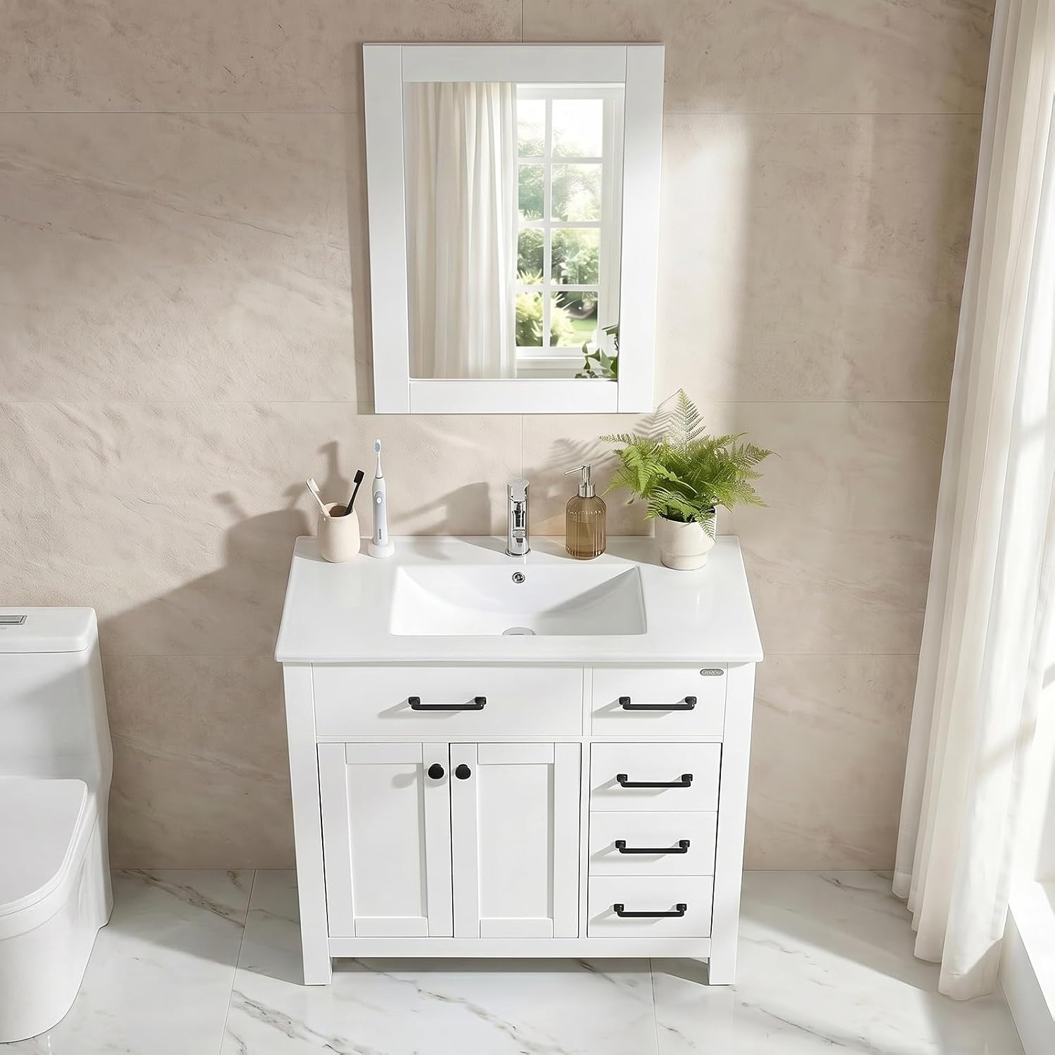 36 inch Bathroom Vanity with Sink and Countertop Faucet Modern White | Freestanding bathroom vanity cabinet, ceramic single sink combo