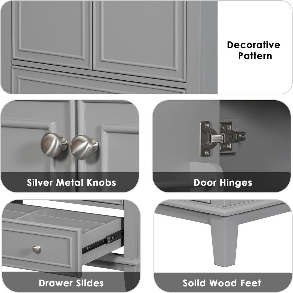 30' Bathroom Vanity Cabinet with Ceramic Sink Top Set, Multi-Functional Drawers and Storage Rack, Soft Closing Doors, Freestanding, Solid Wood Frame & MDF Board, Grey
