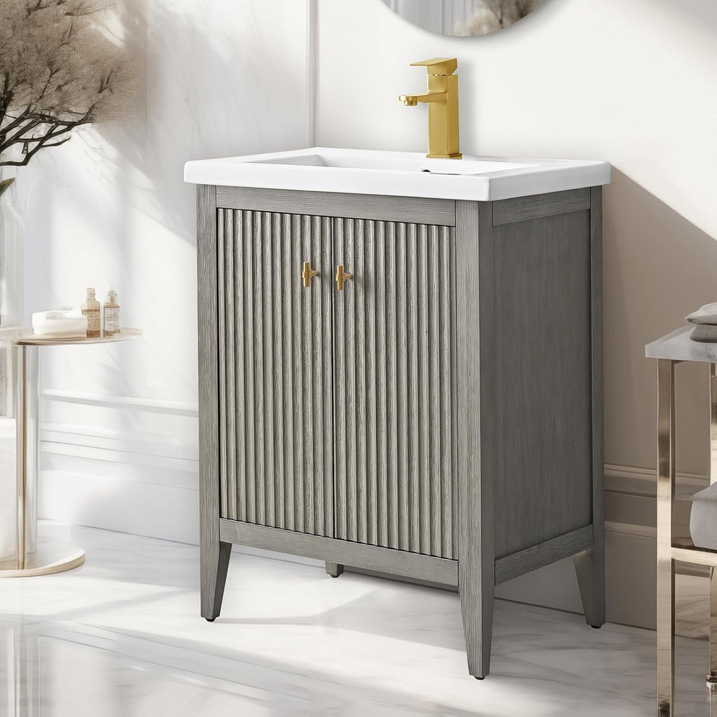 Vanity Art 24 inch Bathroom Vanity with Single Sink & Ceramic Top, Vanity Cabinet with Soft-Closing Door, Solid Wood Frame, Linear Pattern, Driftwood Gray, Golden Brushed Handware VA9124-DG-GB