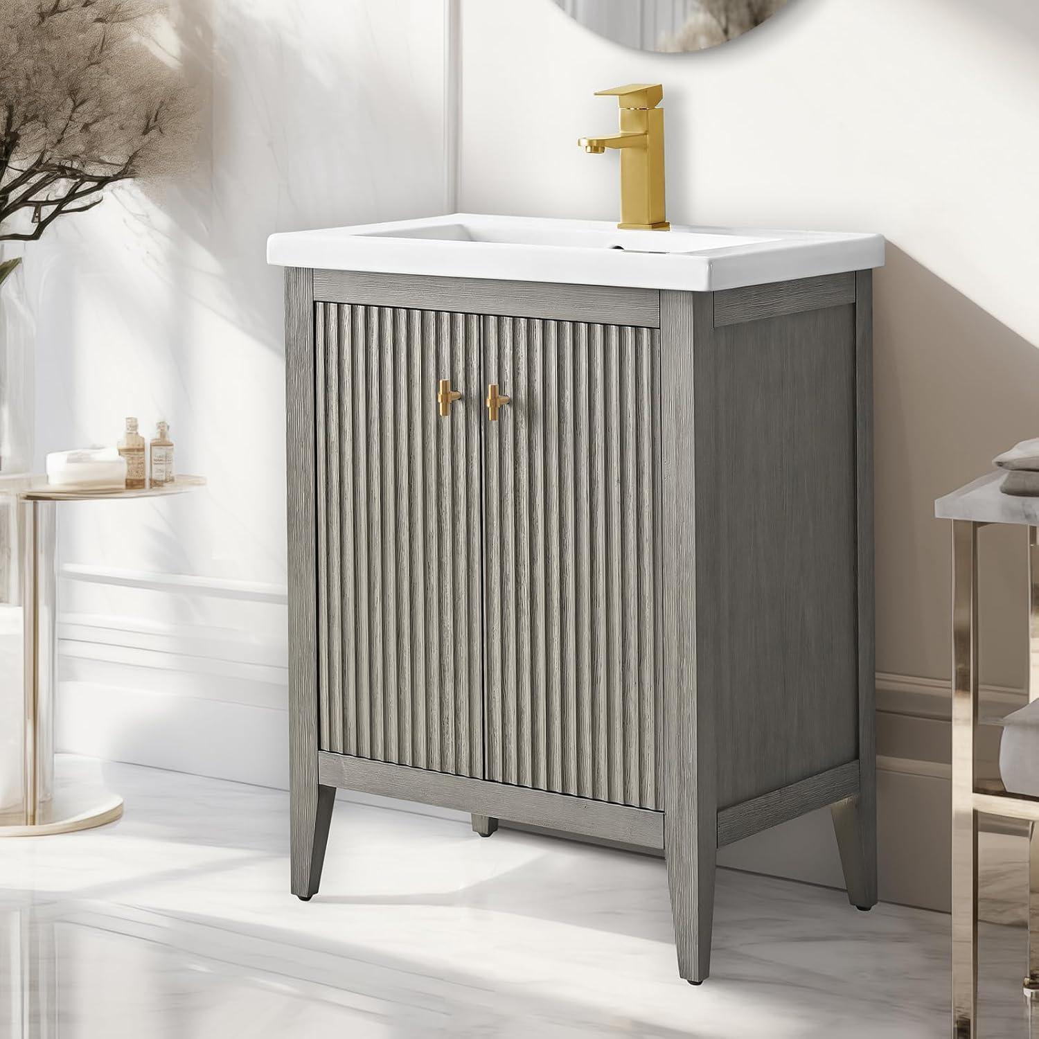 Vanity Art 24 inch Bathroom Vanity with Single Sink & Ceramic Top, Vanity Cabinet with Soft-Closing Door, Solid Wood Frame, Linear Pattern, Driftwood Gray, Golden Brushed Handware VA9124-DG-GB