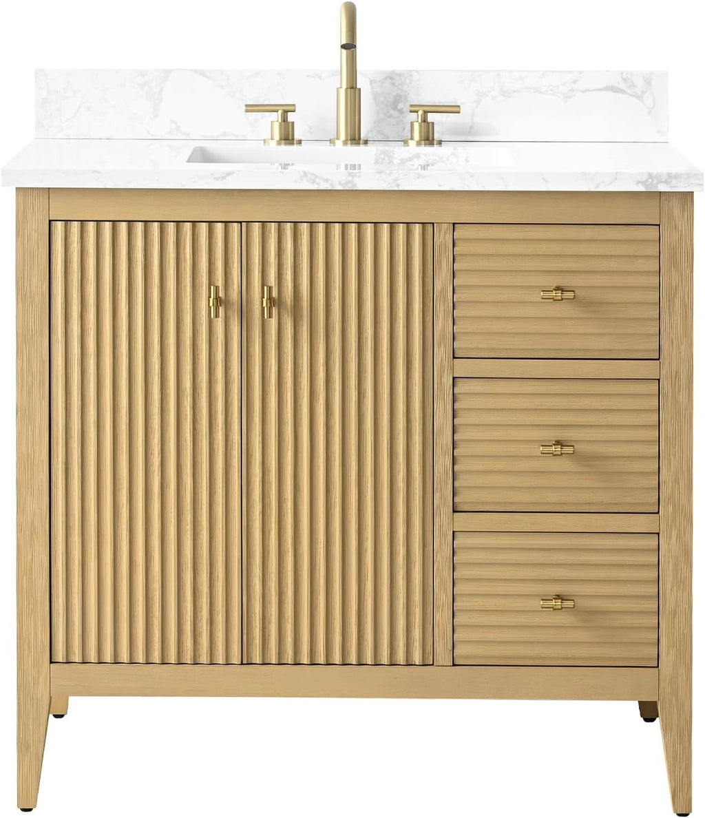 HOMEBEYOND 36' Bathroom Vanity with Sink, Solid Wood Bathroom Vanity Free-Standing Cabinet, Drawers, Ceramic Top & Soft Closing Door, Golden Brushed Handware, Natural Oak