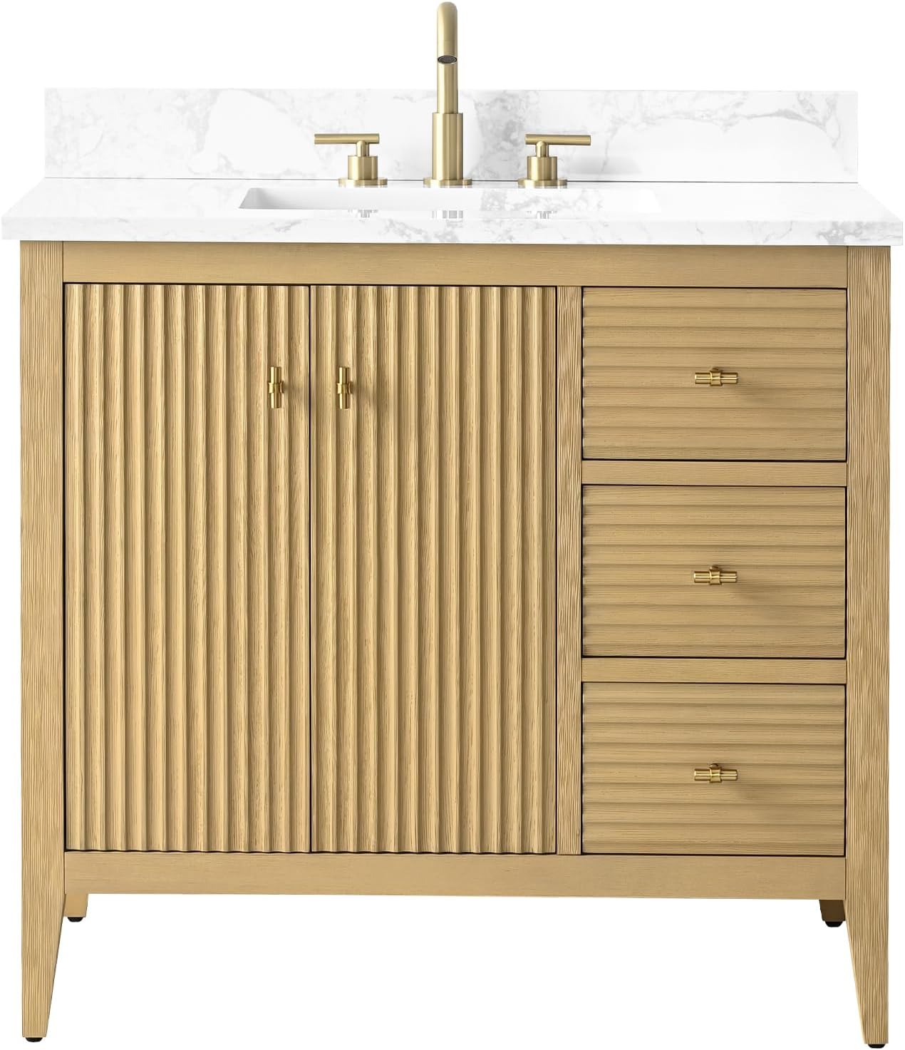 HOMEBEYOND 36' Bathroom Vanity with Sink, Solid Wood Bathroom Vanity Free-Standing Cabinet, Drawers, Ceramic Top & Soft Closing Door, Golden Brushed Handware, Natural Oak