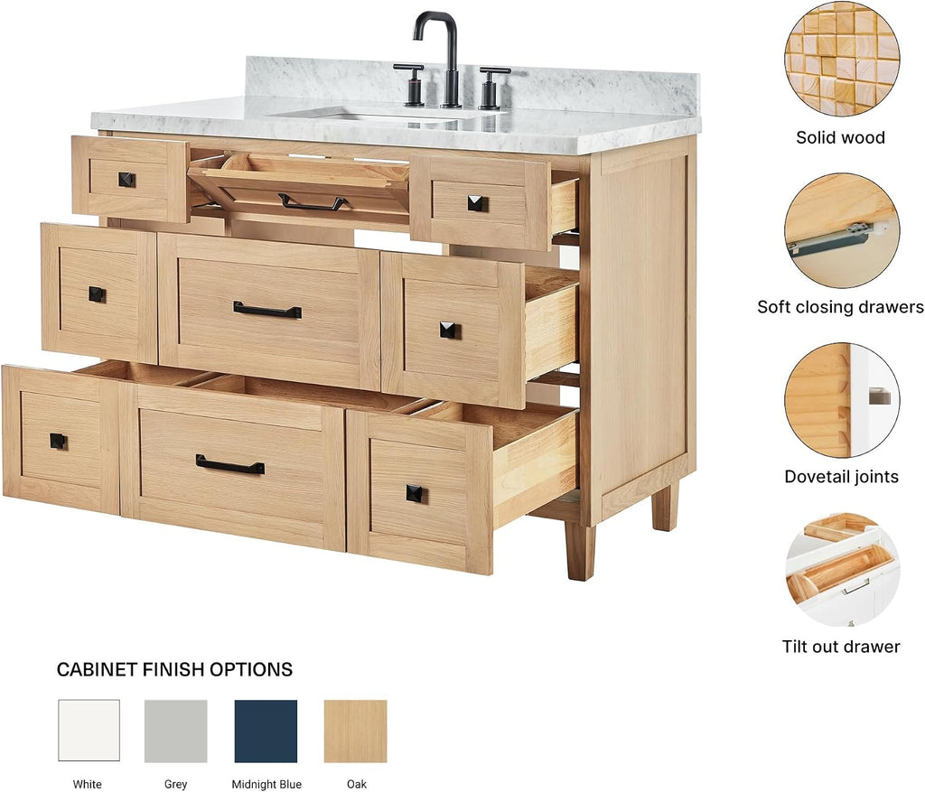 ARIEL Monroe 48-inch Bathroom Vanity with Sink,Solid Wood, 1.5-inch Italian Carrara Marble Countertop, Single Rectangular Porcelain Sink, Dovetail Drawers, White Oak