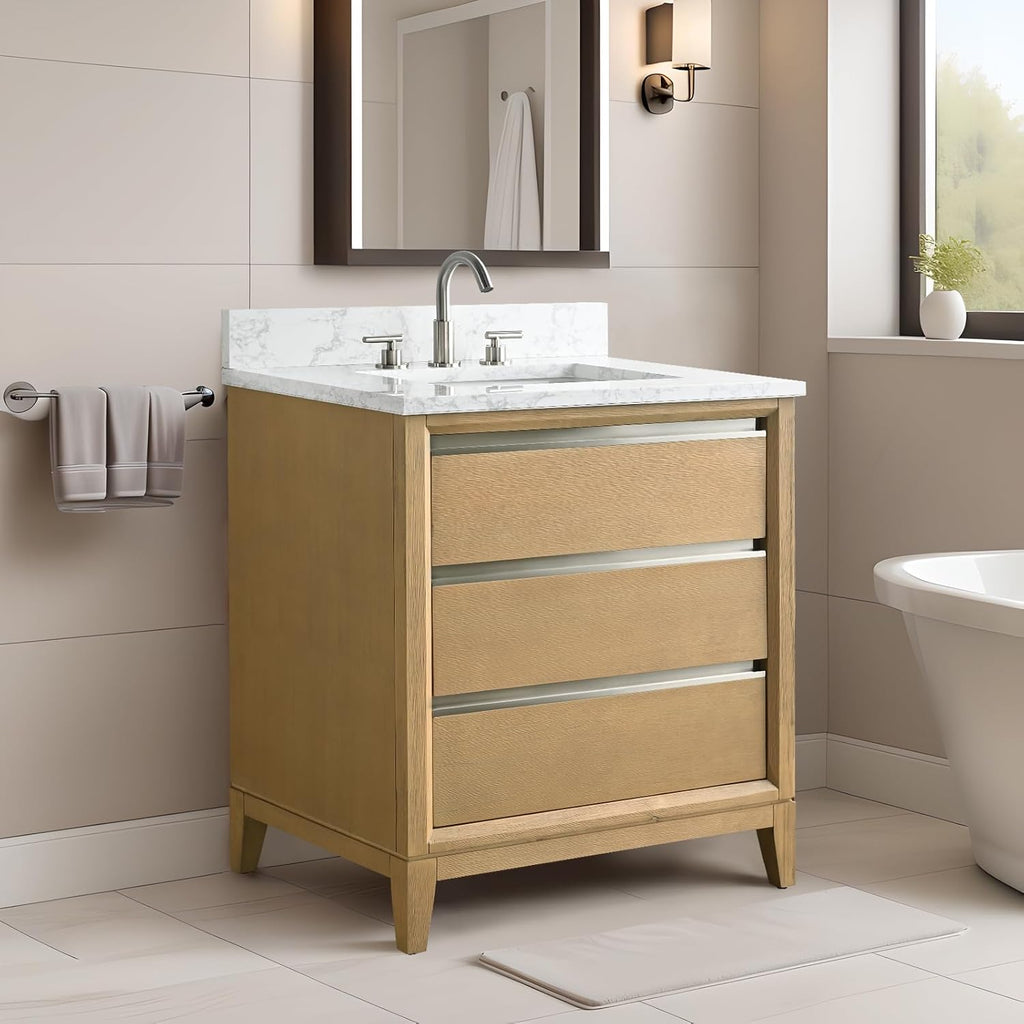 HOMEBEYOND 30 Inch Bathroom Vanity with Sink & Ceramic Top, Vanity Cabinet with Solid Wood Frame, Soft-Closing Doors, Drawers, Natural Oak