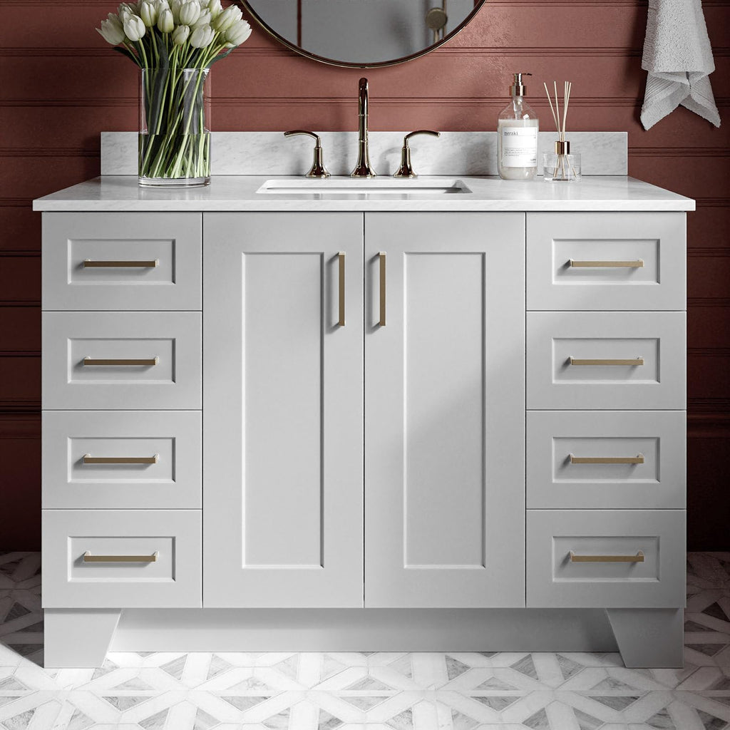 ARIEL Taylor 48-inch Bathroom Vanity with Sink,Solid Wood, 0.75-inch Italian Carrara Marble Countertop, Single Rectangular Porcelain Sink, Soft Closing Doors, Dovetail Drawers, Grey