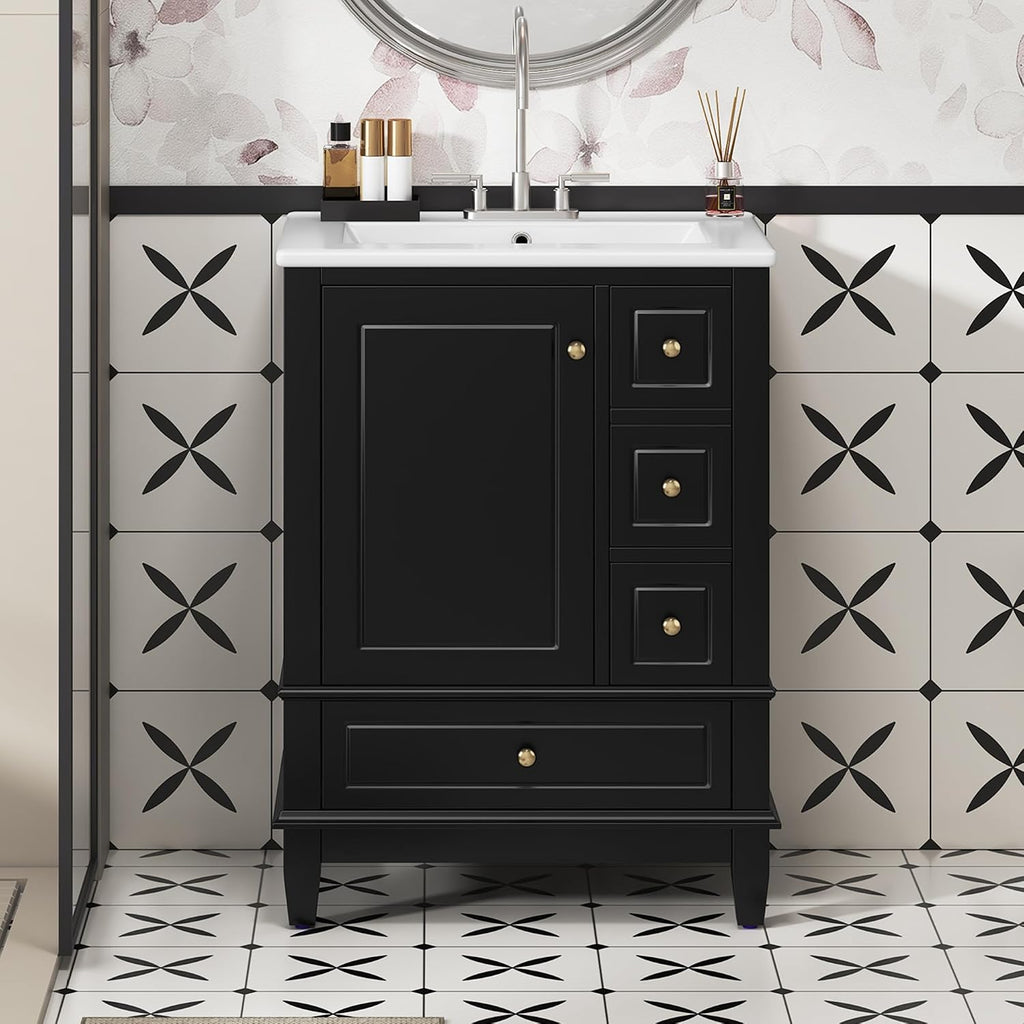 24 Inch Bathroom Vanity with Sink, Freestanding Bathroom Sink Cabinet with 3 Drawers and Storage Door Rack Organizer, Solid Wood Legs, Black