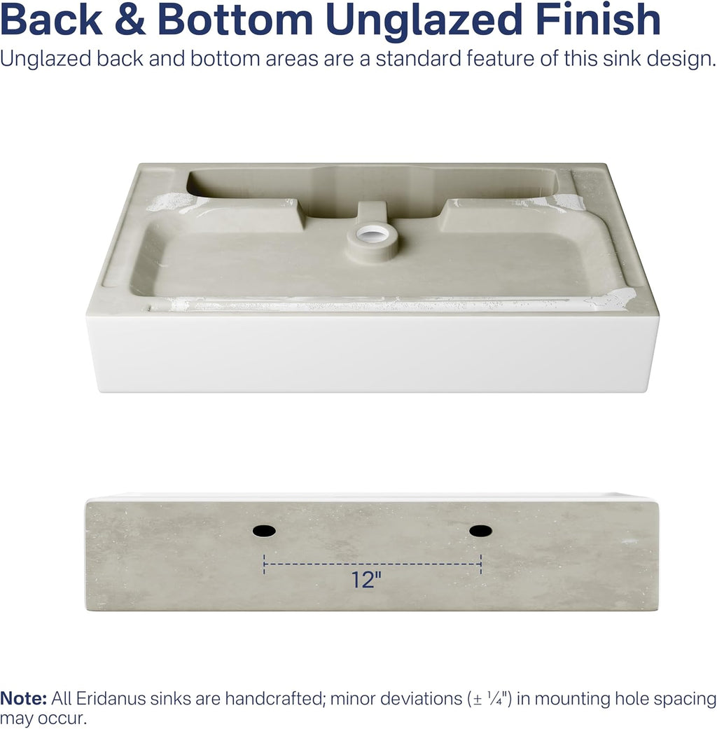 Eridanus Bathroom Sink 30' x 16' Rectangular Vessel Sink, Wall Mount Above Counter Vanity Sink, Premium Ceramic White Art Basin with Overflow, Lavatory Trough Floating Washbasin