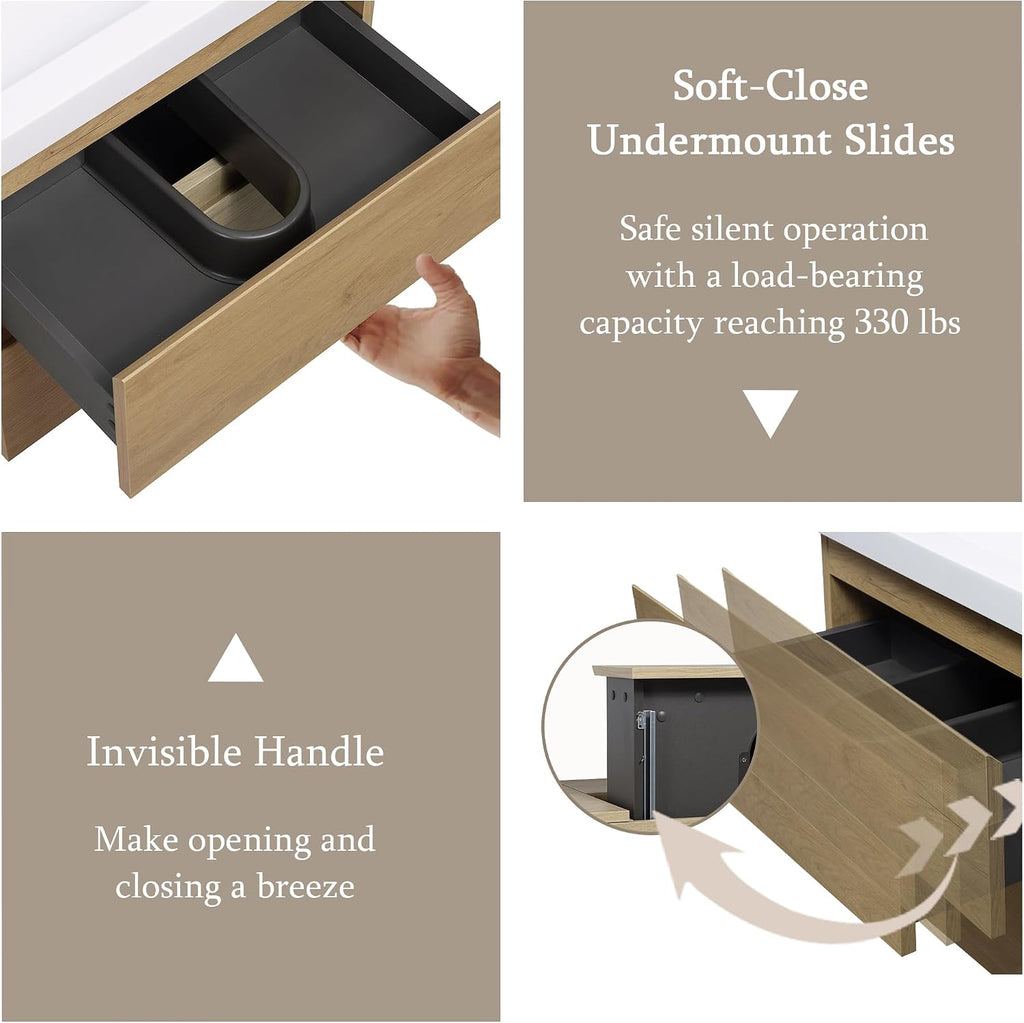 42' Floating Bathroom Vanity with Sink, Wall Mounted Bathroom Storage Vanity Cabinet with Solid Top Basin and Soft Close Drawers, Natural Oak