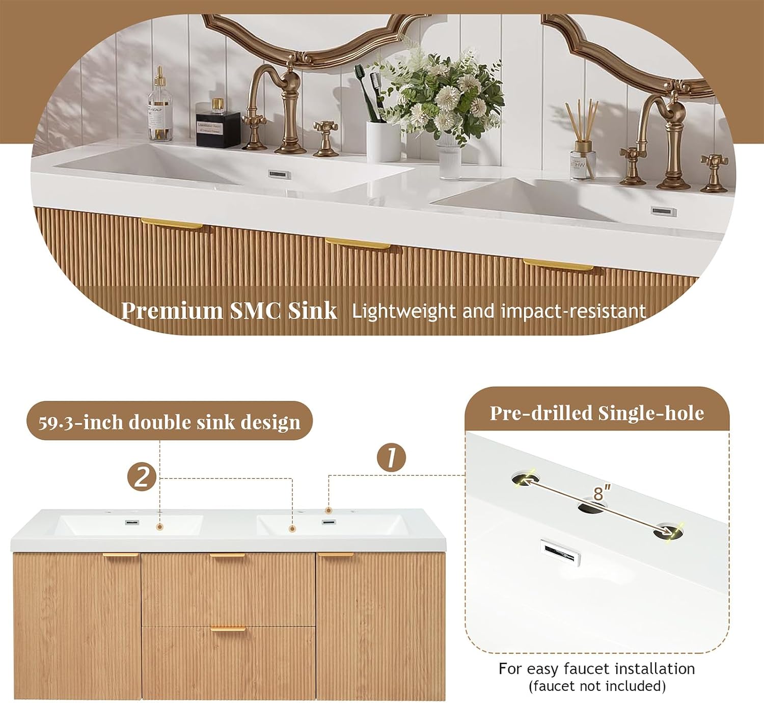 60' Bathroom Vanity with Sink Combo, Floating Double Sink Bathroom Vanity with SMC Resin Top, MDF Cabinet with 2 Soft-Close Doors 2 Drawers, Wall-Mounted Vanities for Large Bathrooms, Wood