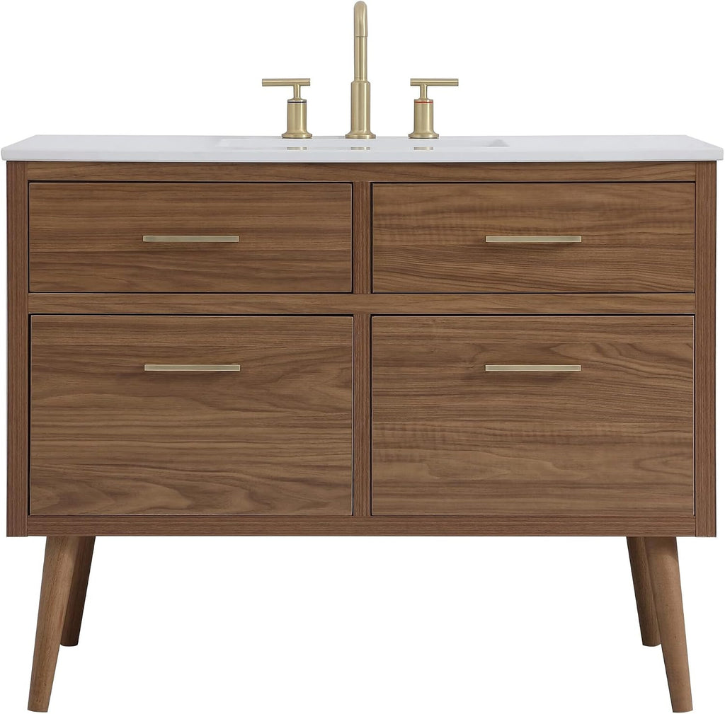 42' Pre-Assembled Bathroom Vanity with Sink, Engineered Wood, Ivory White Engineered Marble Countertop Attached, Single Rectangle Porcelain Sink, 2 Soft-Close Drawers, Walnut Brown