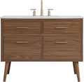 42' Pre-Assembled Bathroom Vanity with Sink, Engineered Wood, Ivory White Engineered Marble Countertop Attached, Single Rectangle Porcelain Sink, 2 Soft-Close Drawers, Walnut Brown