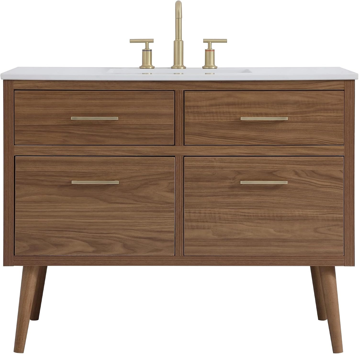 42' Pre-Assembled Bathroom Vanity with Sink, Engineered Wood, Ivory White Engineered Marble Countertop Attached, Single Rectangle Porcelain Sink, 2 Soft-Close Drawers, Walnut Brown