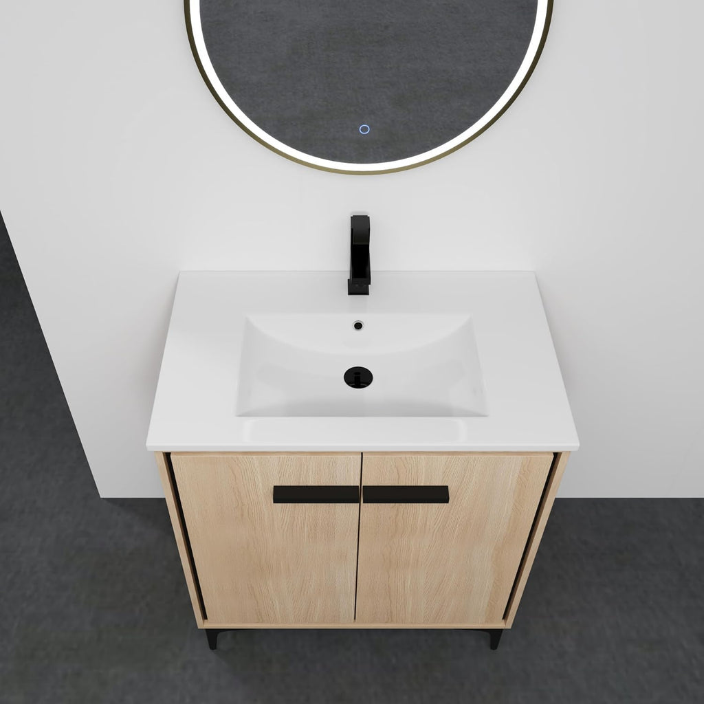 30 Inch Bathroom Vanity with Sink, Freestanding Single Sink Bathroom Vanity with Soft Closed Doors, Integrated Sink, Engineered Wood Bathroom Sink Vanity (Oak)