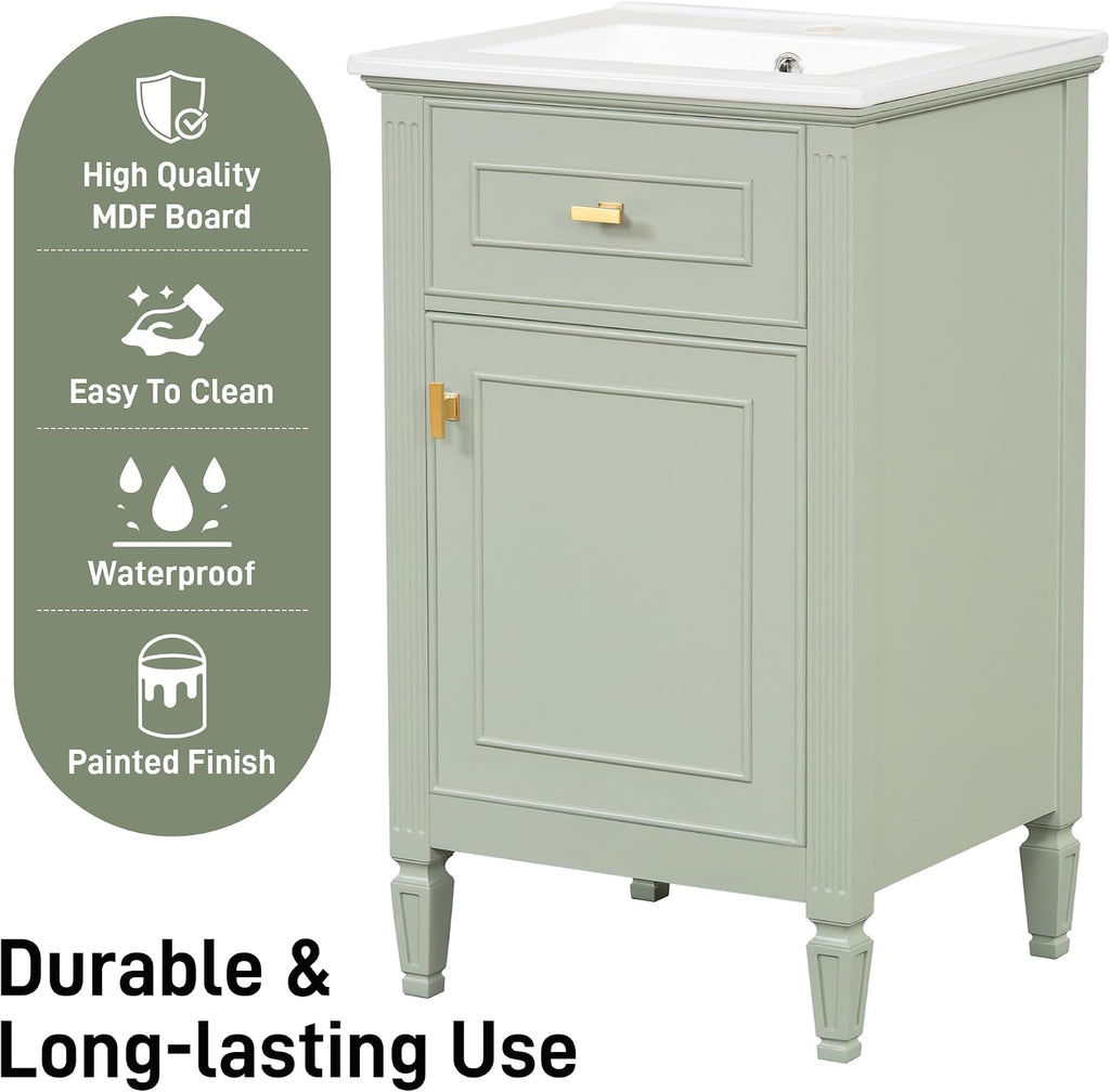 20'' Bathroom Vanity with Sink, Freestanding Storage Cabinet with Tilt-Out Drawer, Adjustable Shelf and Solid Wood Legs for Small Bathroom (Green-4.10)