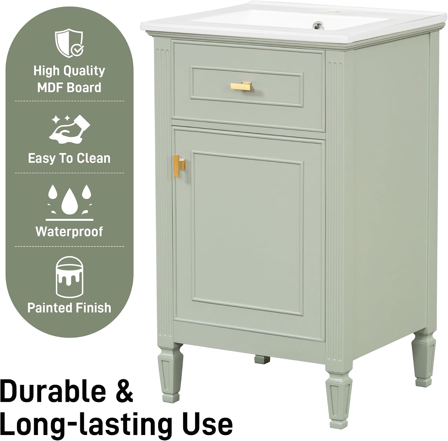 20'' Bathroom Vanity with Sink, Freestanding Storage Cabinet with Tilt-Out Drawer, Adjustable Shelf and Solid Wood Legs for Small Bathroom (Green-4.10)