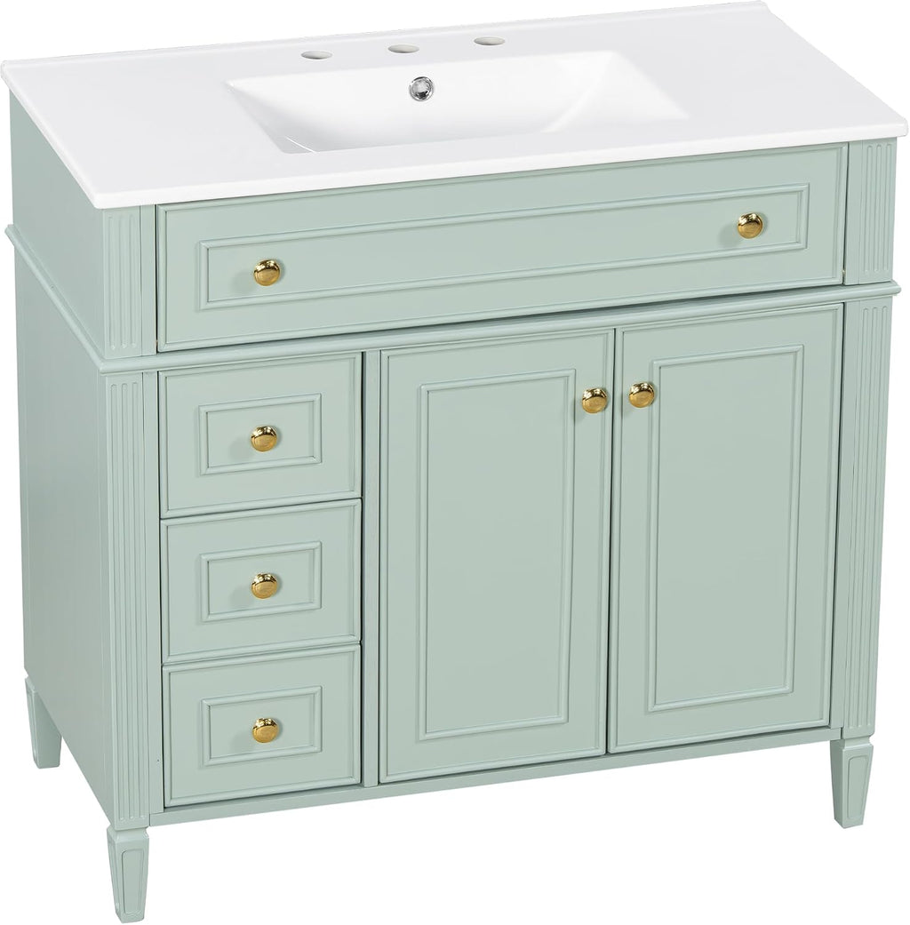 36' Bathroom Vanity Cabinet with Ceramic Countertop Sink Combo Set, Solid Wood Frame, Tilt-Out Drawers and Left Side Drawers, Soft Closing Door Hinges, Green