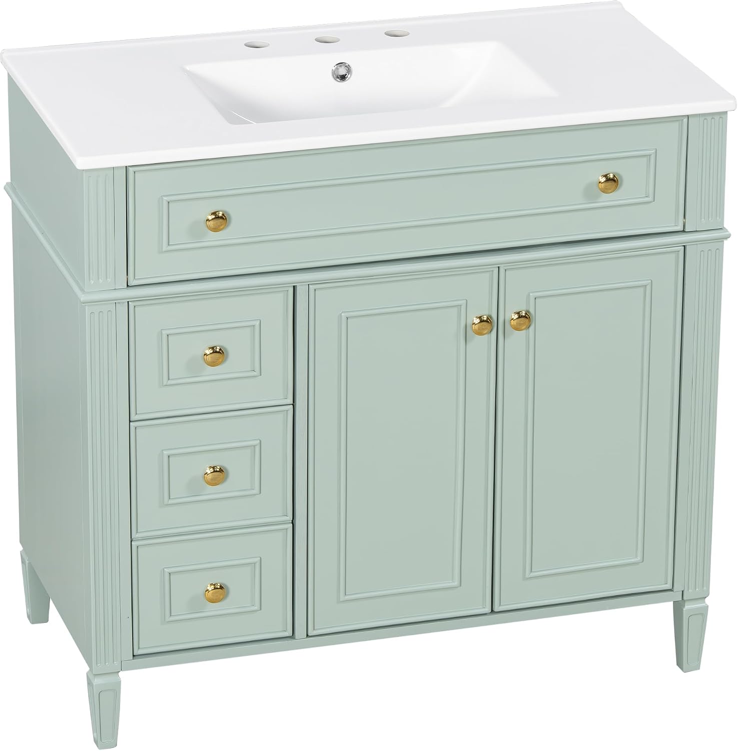 36' Bathroom Vanity Cabinet with Ceramic Countertop Sink Combo Set, Solid Wood Frame, Tilt-Out Drawers and Left Side Drawers, Soft Closing Door Hinges, Green