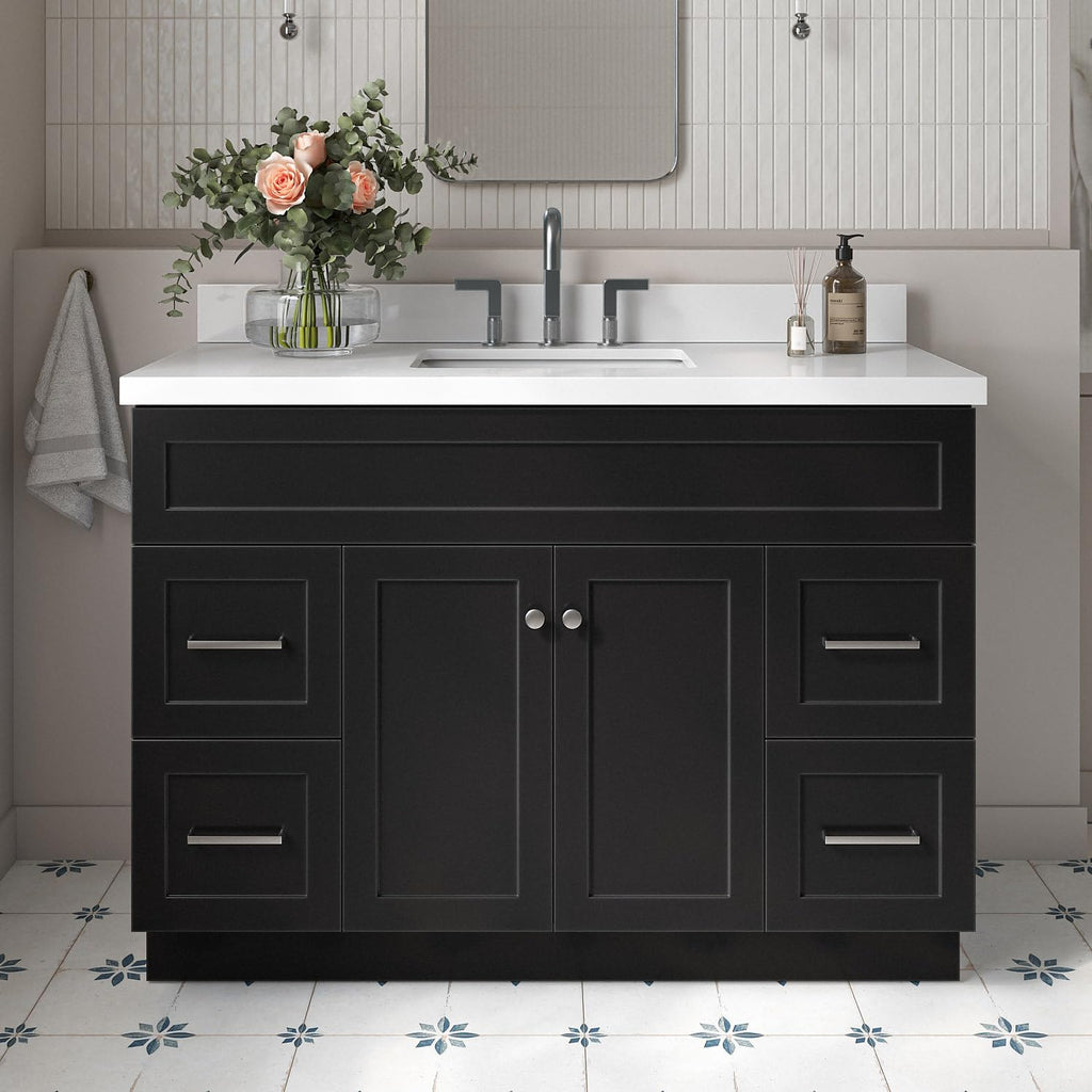 ARIEL Hamlet 48-inch Bathroom Vanity with Sink,Solid Wood, 1.5-inch Pure White Quartz Countertop & Backsplash, Single Rectangular Porcelain Sink, 2 Soft Closing Doors, 4 Dovetail Drawers, Black