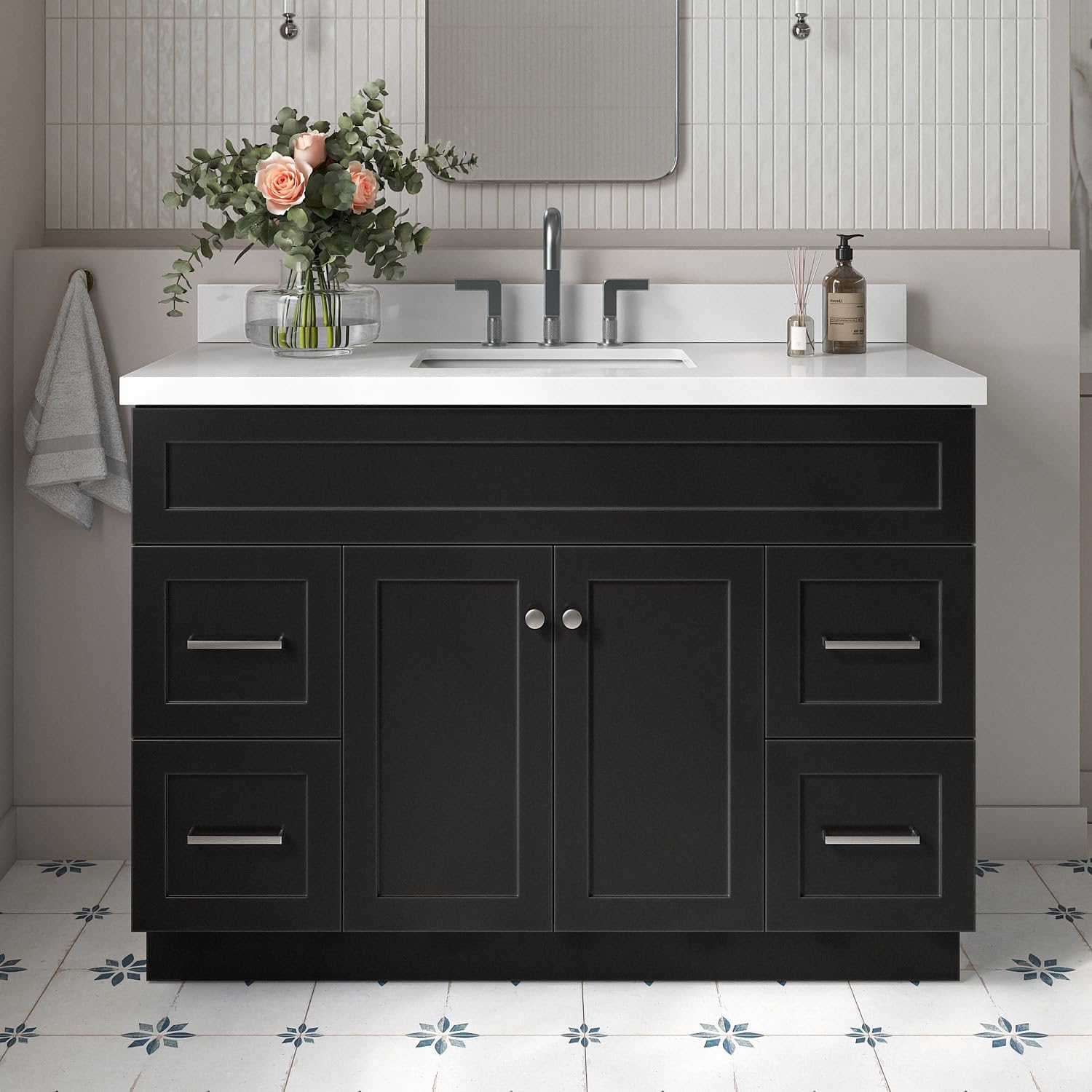 ARIEL Hamlet 48-inch Bathroom Vanity with Sink,Solid Wood, 1.5-inch Pure White Quartz Countertop & Backsplash, Single Rectangular Porcelain Sink, 2 Soft Closing Doors, 4 Dovetail Drawers, Black