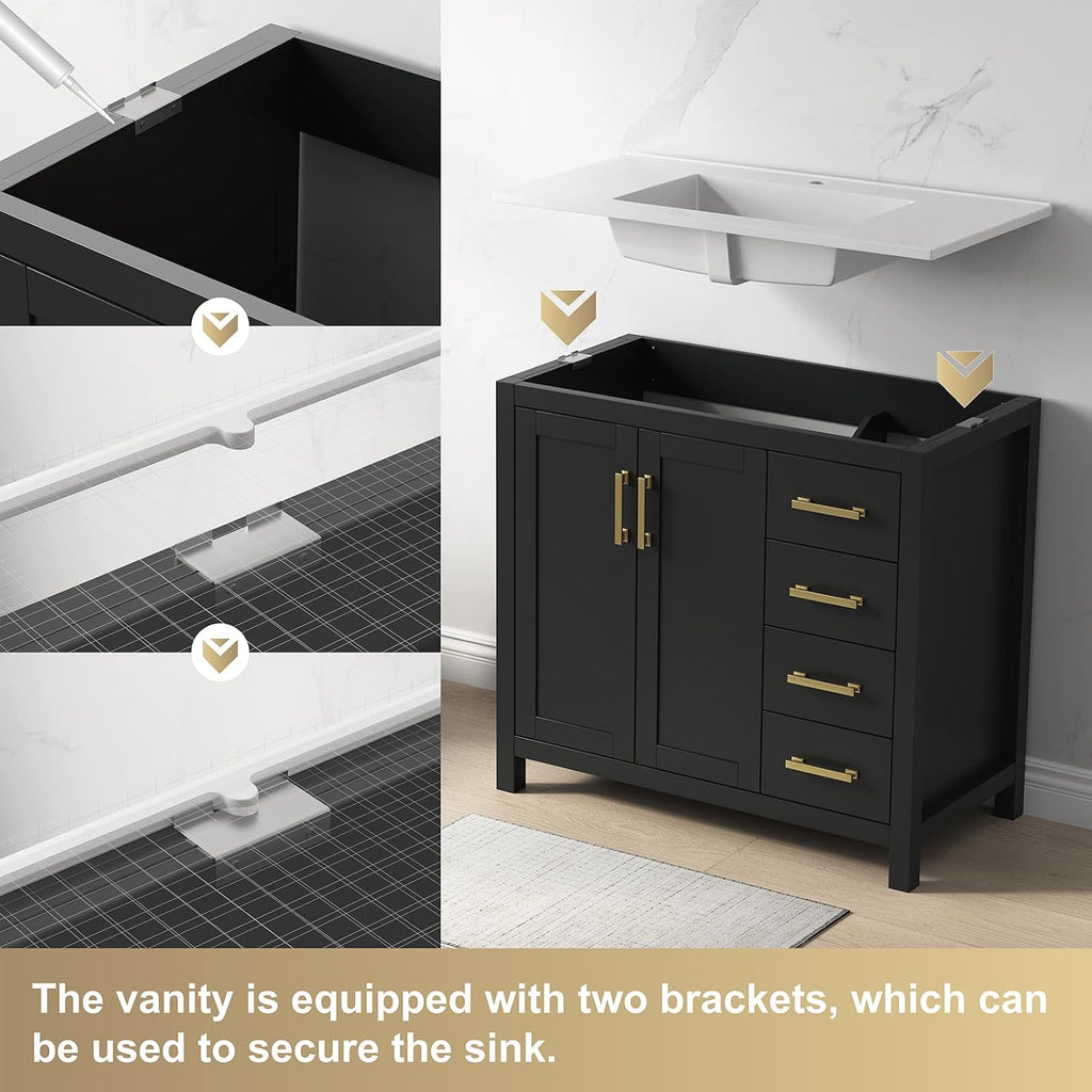 36 Inch Bathroom Vanity with Sink, Black Single Sink Bathroom Vanity with Adjustable Feet, Modern Bathroom Sink Cabinet with Soft-Closing Doors & Drawers, Integral Top