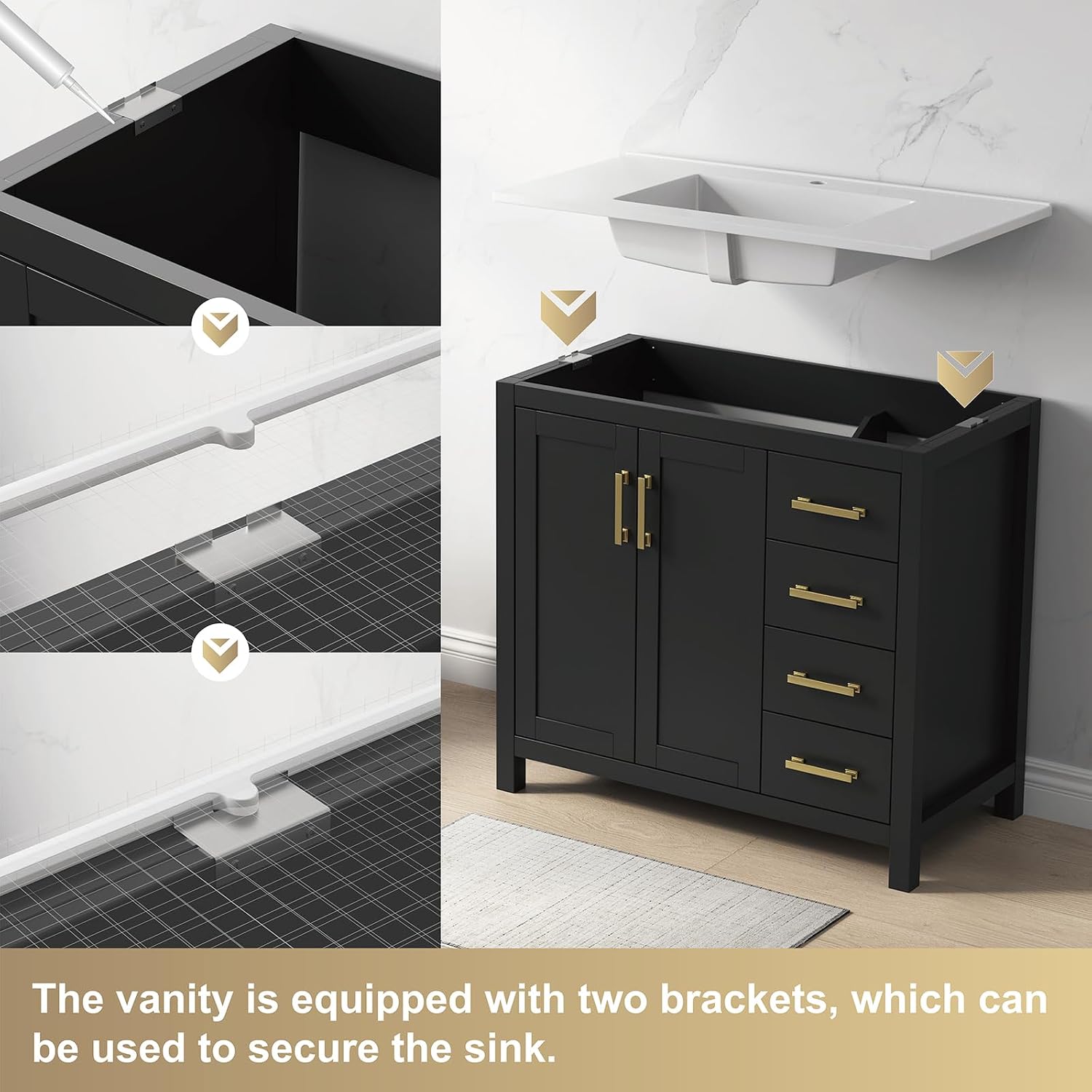 36 Inch Bathroom Vanity with Sink, Black Single Sink Bathroom Vanity with Adjustable Feet, Modern Bathroom Sink Cabinet with Soft-Closing Doors & Drawers, Integral Top