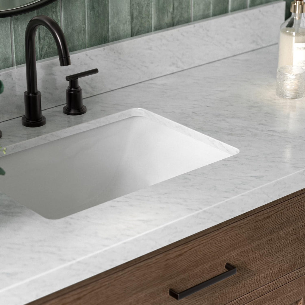 ARIEL Hepburn 60-inch Bathroom Vanity with Sink,Solid Wood, 1.5-inch Italian Carrara Marble Countertop, Single Rectangular Porcelain Sink, 2 Soft Closing Doors, 9 Dovetail Drawers, Brown Oak