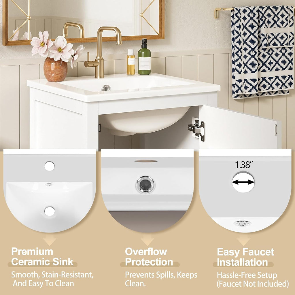 VilroCaz Modern 18'' Bathroom Vanity with Top Sink, Freestanding Bathroom Storage Cabinet with Door and Divider Drawer, Single Sink Cabinet with Adjustable Plastic Foot Pads (White+1 Drawer)