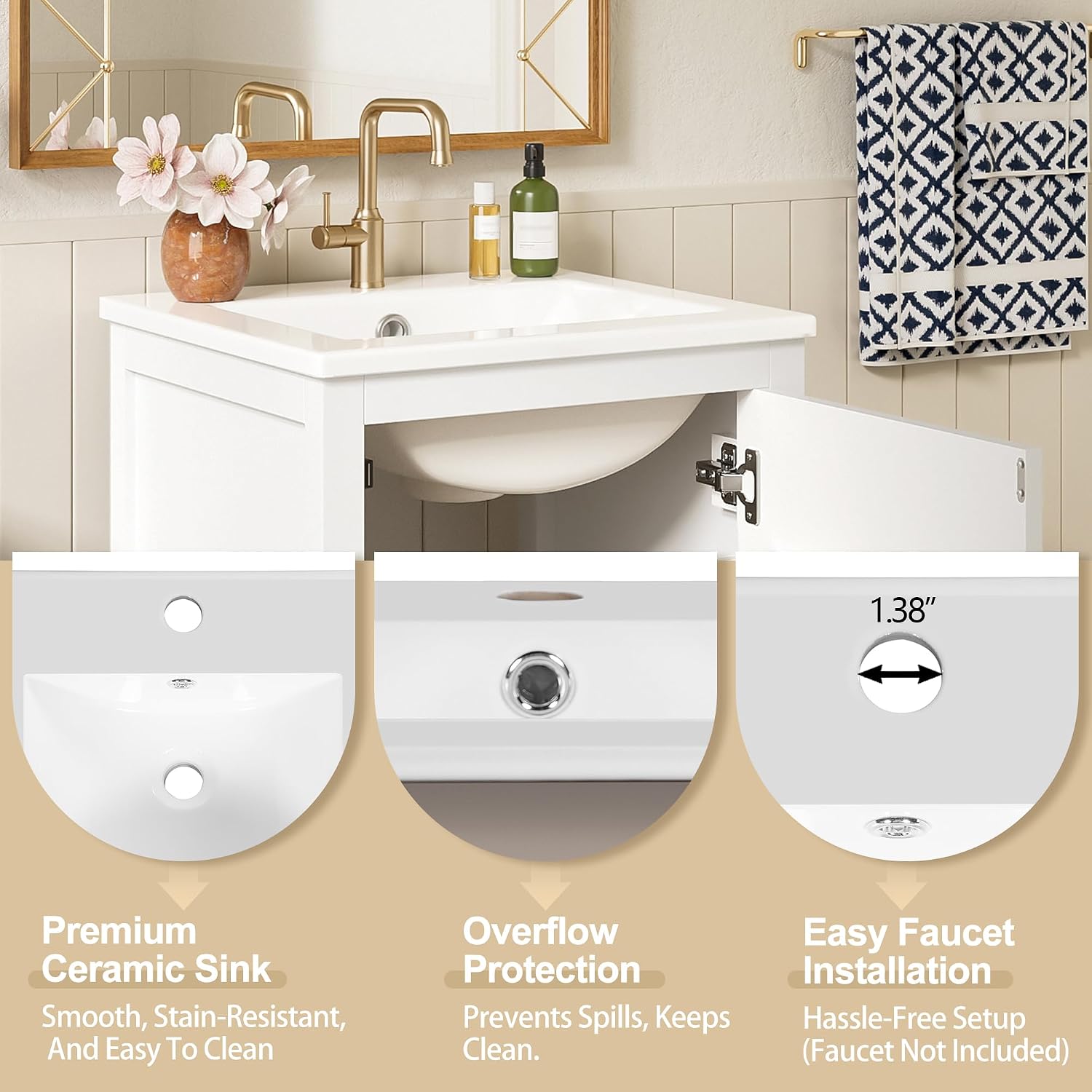 VilroCaz Modern 18'' Bathroom Vanity with Top Sink, Freestanding Bathroom Storage Cabinet with Door and Divider Drawer, Single Sink Cabinet with Adjustable Plastic Foot Pads (White+1 Drawer)