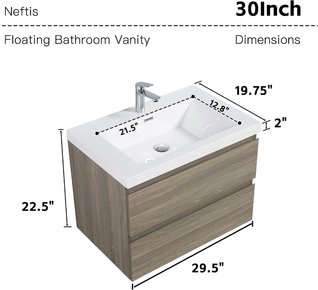 Neftis 30-Inch Floating Vanity with Sink, Pre-Assembled Modern Bathroom Vanity Sink Combo with Storage, Soft-Closing Drawers, One-piece Countertop White Resin Sink, Ash Grey Vanity for Bathroom