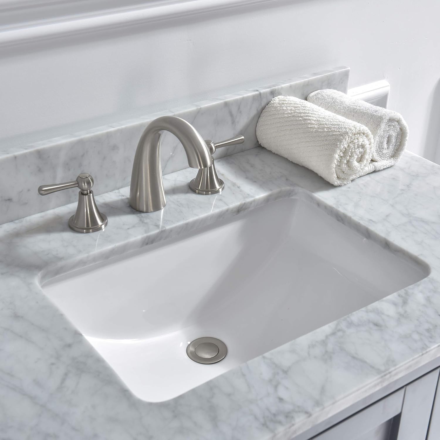 WOODBRIDGE 37' x22' Vanity Top with Single Under Mount Rectangle Bowl, Carrara White Marble, Pre-drilled with 3-hole for 8-inch Widespread Faucet set up Option, CAVT3722-8