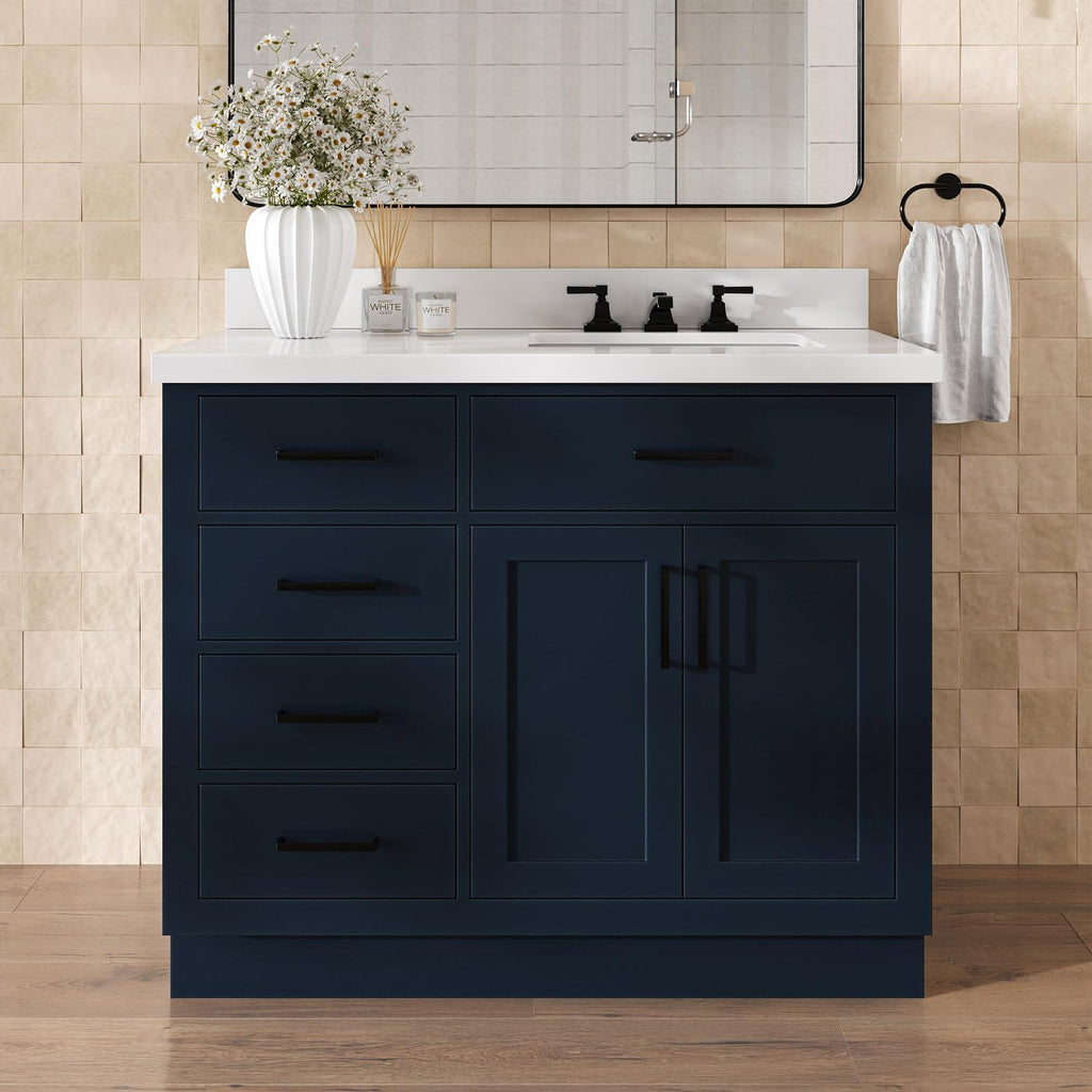 DKB Isabella 42' Midnight Blue Single Bathroom Vanity with Rectangular Undermount Sink, 1.5' Pure White Quartz Countertop, Solid Wood Frame, 2 Soft Closing Doors, 5 Full Extension Dovetail Drawers
