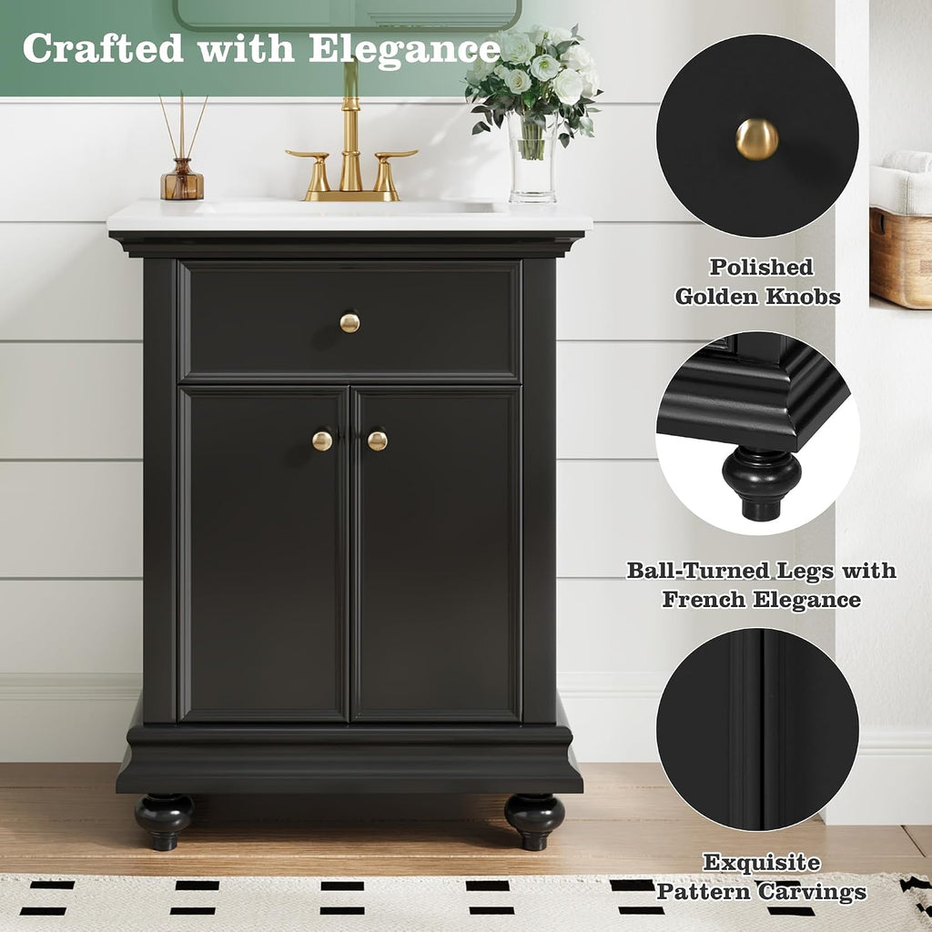 Marzzi 24' Bathroom Vanity with Ceramic Sink, Powder Room Small Bathroom Vanity Cabinet with 2 Soft-Close Doors, Tip-Out Tray, and Adjustable Shelf, Solid Wood Feet, Painted Finish