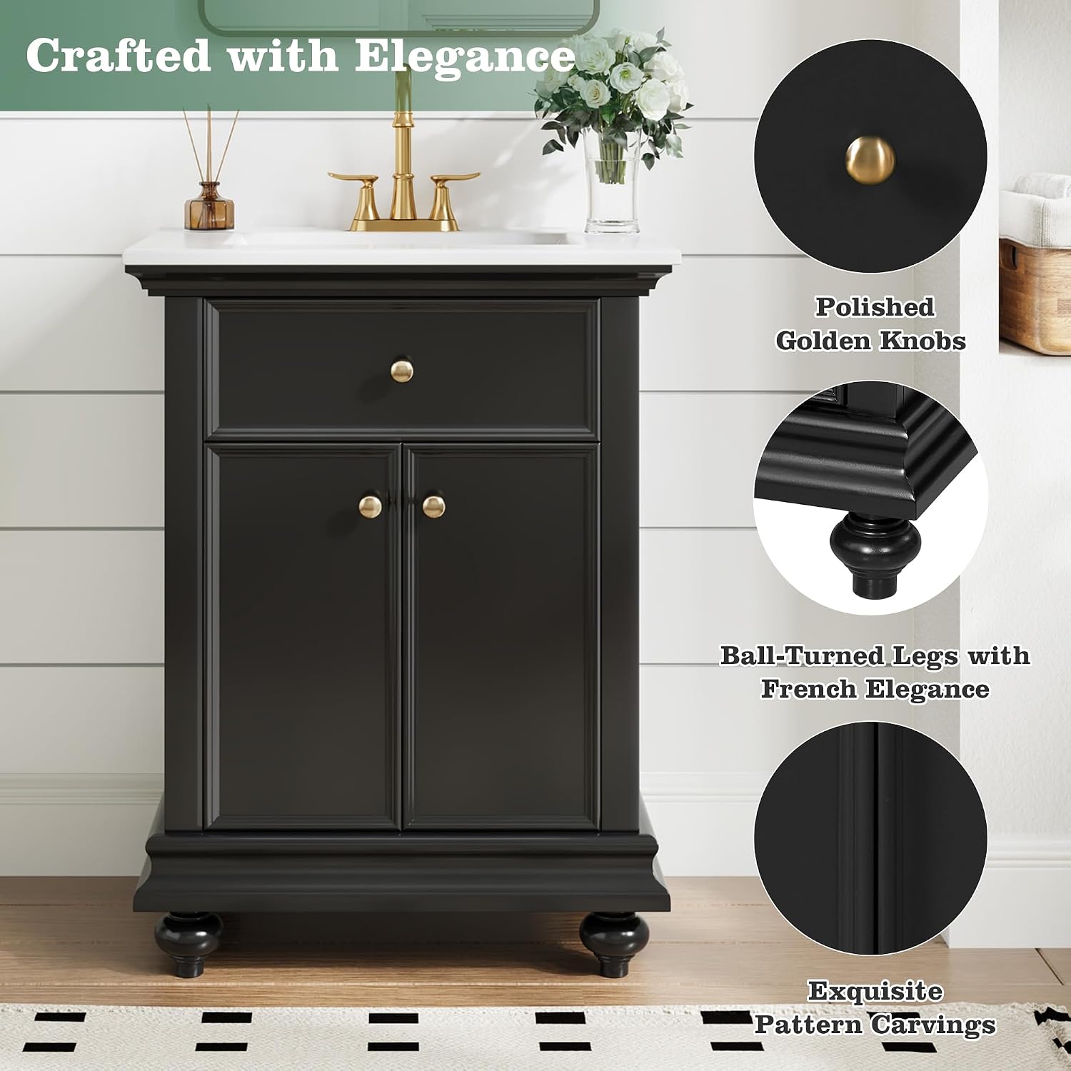 Marzzi 24' Bathroom Vanity with Ceramic Sink, Powder Room Small Bathroom Vanity Cabinet with 2 Soft-Close Doors, Tip-Out Tray, and Adjustable Shelf, Solid Wood Feet, Painted Finish