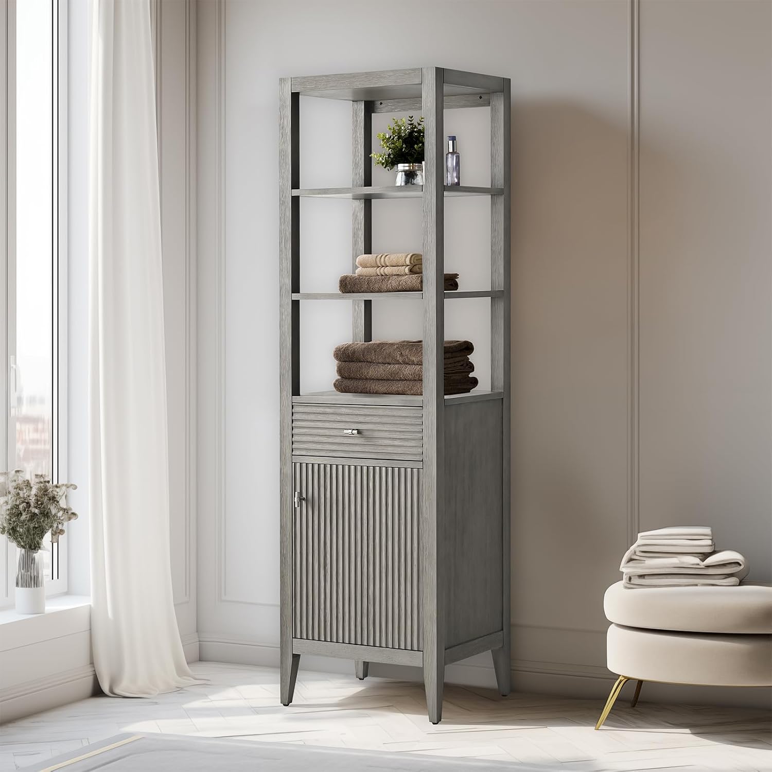 Vanity Art Vanity with Storage Cabinet & Shelves, Free-Standing Vanity with Soft-Closing Doors, Driftwood Gray, Golden Brushed Handware VA91-LC-DG-GB