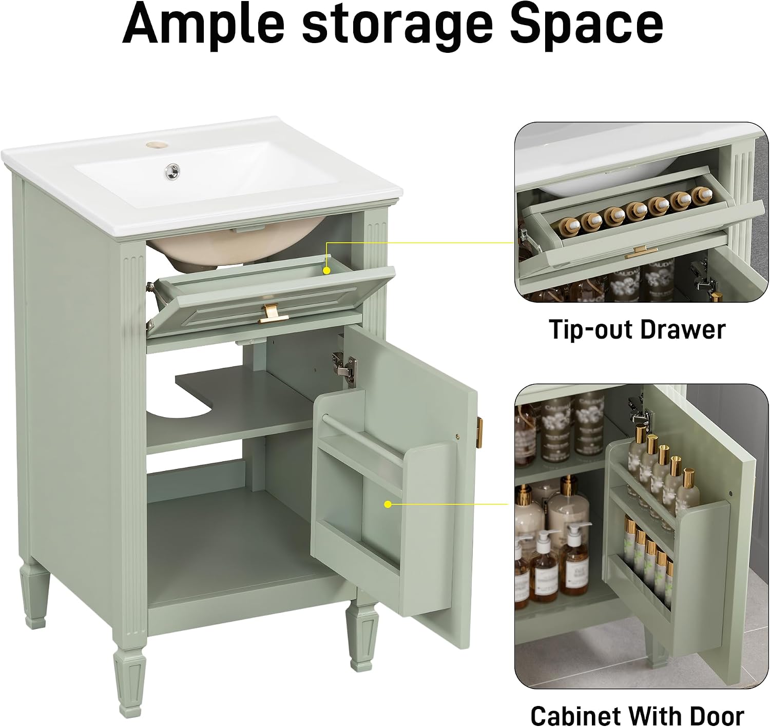 20'' Bathroom Vanity with Sink, Freestanding Storage Cabinet with Tilt-Out Drawer, Adjustable Shelf and Solid Wood Legs for Small Bathroom (Green-4.10)